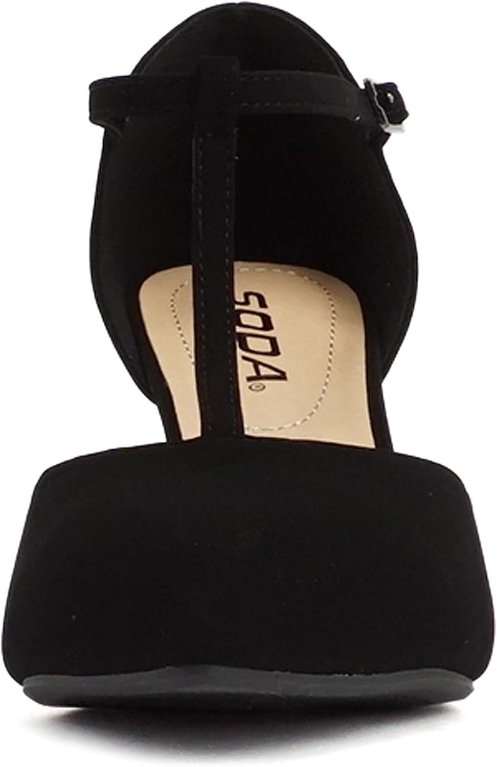 imageSoda Bahia  Women Pointed Toe Closed Back Counter Stiletto Mid Heel TStrap Pump ShoeBlack Nubuck