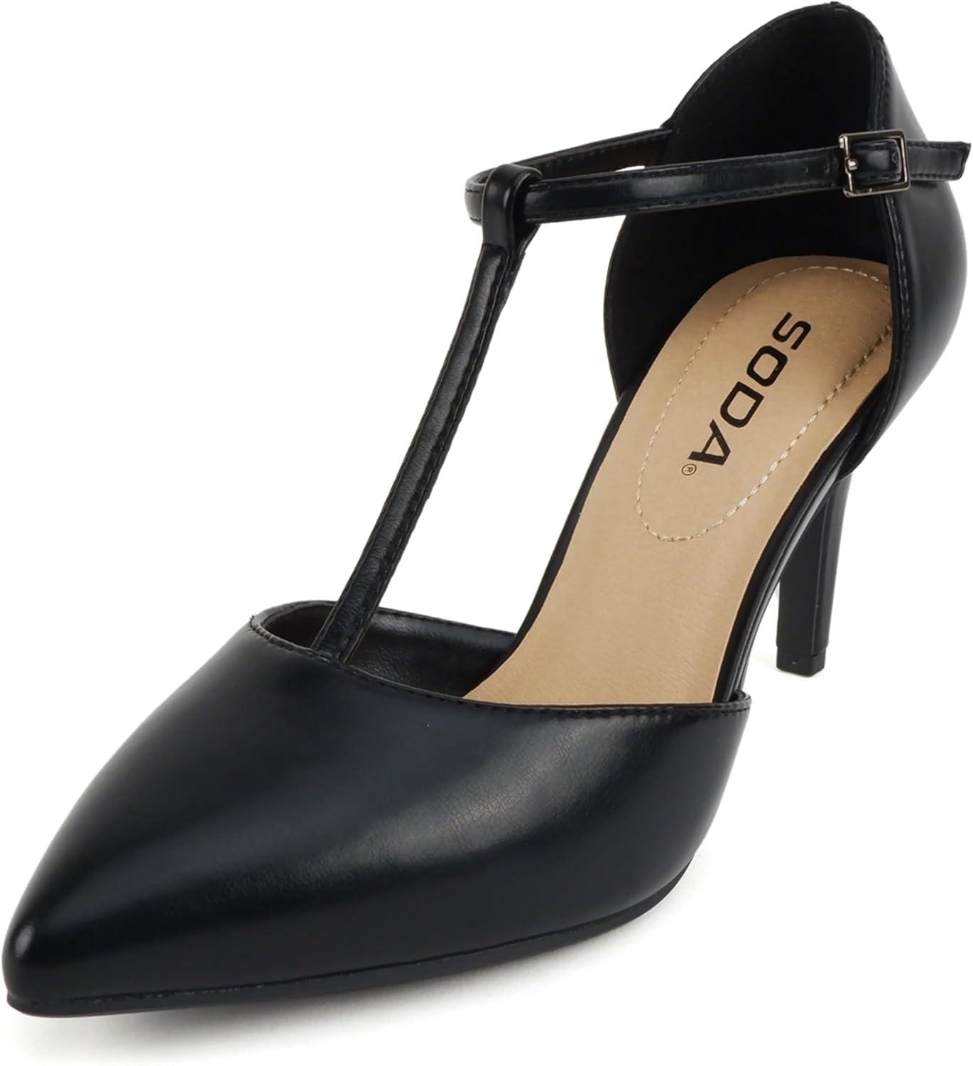 imageSoda Bahia  Women Pointed Toe Closed Back Counter Stiletto Mid Heel TStrap Pump ShoeBlack Pu