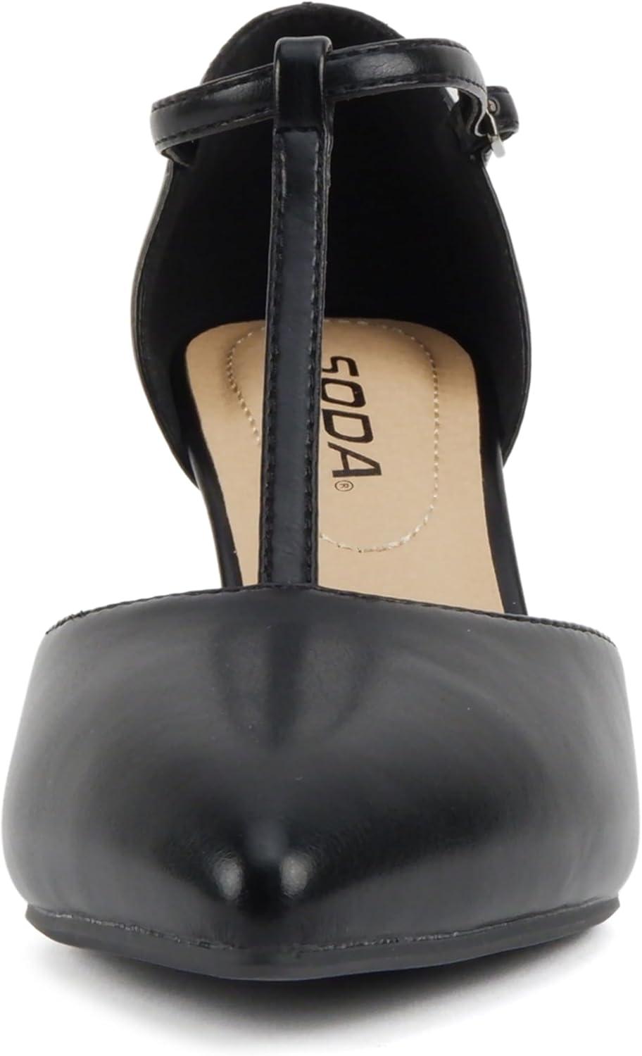 imageSoda Bahia  Women Pointed Toe Closed Back Counter Stiletto Mid Heel TStrap Pump ShoeBlack Pu