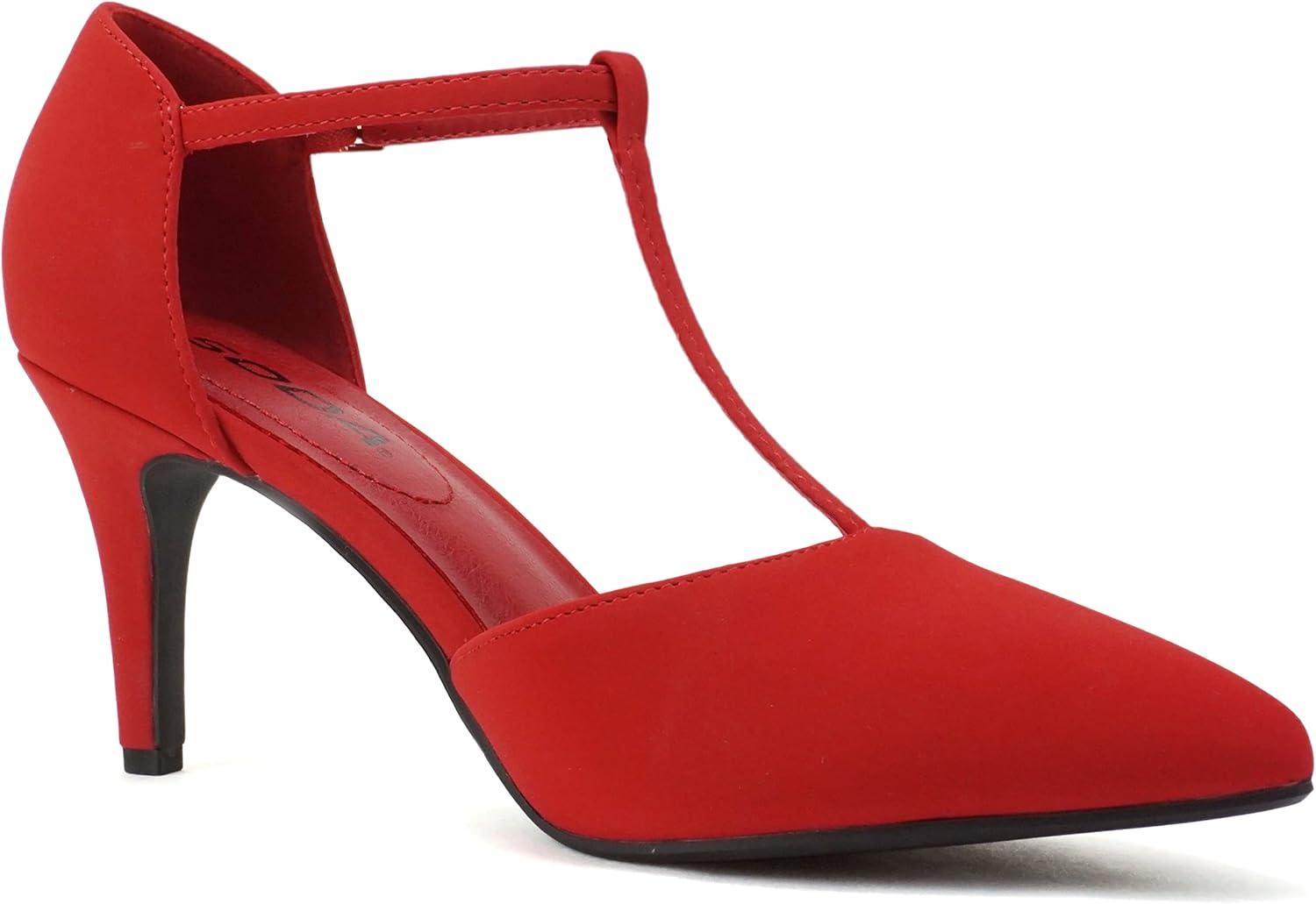 imageSoda Bahia  Women Pointed Toe Closed Back Counter Stiletto Mid Heel TStrap Pump ShoeLipstick Nubuck