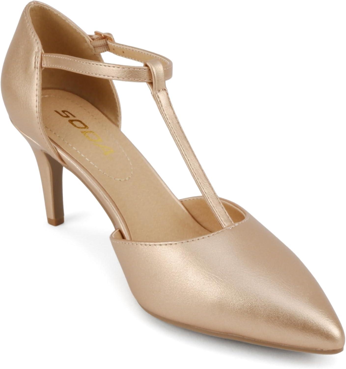 imageSoda Bahia  Women Pointed Toe Closed Back Counter Stiletto Mid Heel TStrap Pump ShoePenny