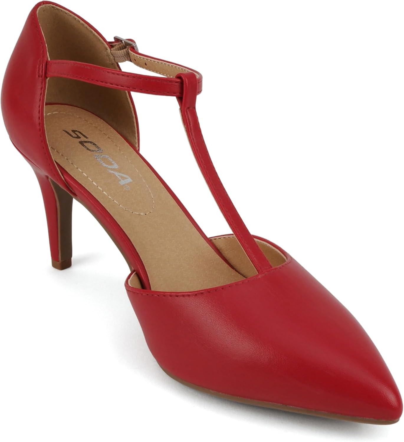 imageSoda Bahia  Women Pointed Toe Closed Back Counter Stiletto Mid Heel TStrap Pump ShoeRed Pu