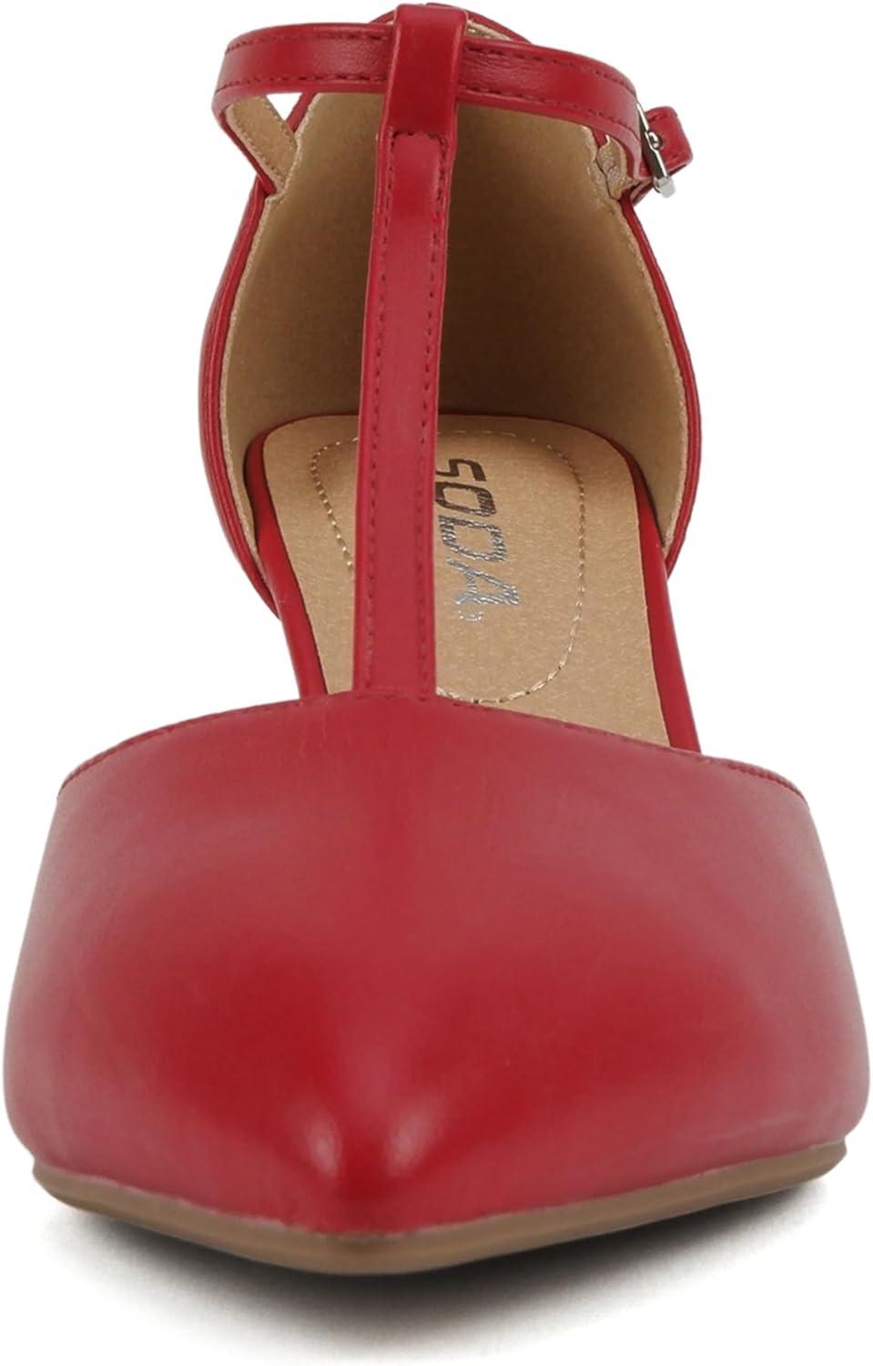imageSoda Bahia  Women Pointed Toe Closed Back Counter Stiletto Mid Heel TStrap Pump ShoeRed Pu