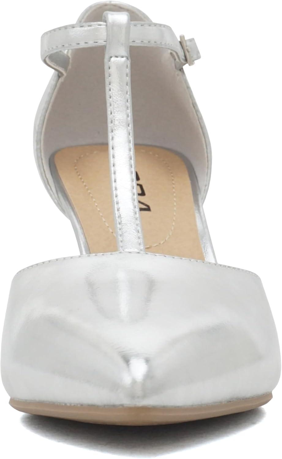 imageSoda Bahia  Women Pointed Toe Closed Back Counter Stiletto Mid Heel TStrap Pump ShoeSilver