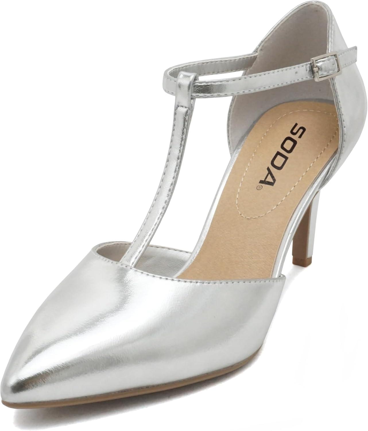 imageSoda Bahia  Women Pointed Toe Closed Back Counter Stiletto Mid Heel TStrap Pump ShoeSilver