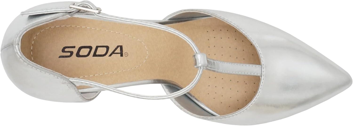 imageSoda Bahia  Women Pointed Toe Closed Back Counter Stiletto Mid Heel TStrap Pump ShoeSilver