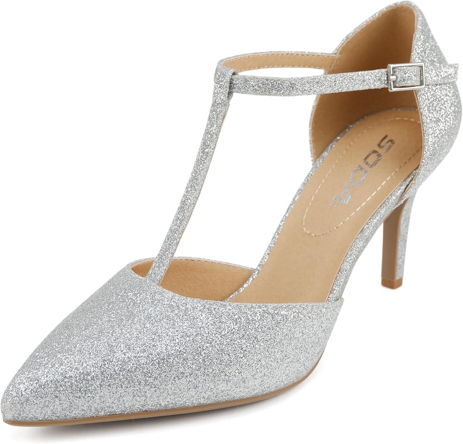 imageSoda Bahia  Women Pointed Toe Closed Back Counter Stiletto Mid Heel TStrap Pump ShoeSilver Glitter