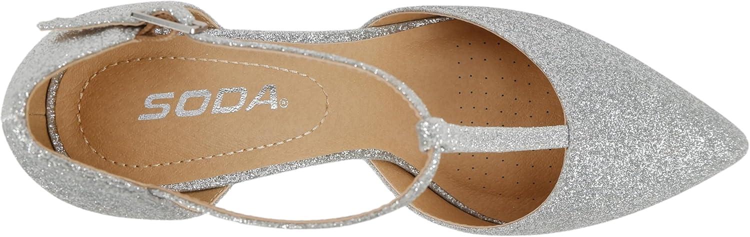 imageSoda Bahia  Women Pointed Toe Closed Back Counter Stiletto Mid Heel TStrap Pump ShoeSilver Glitter