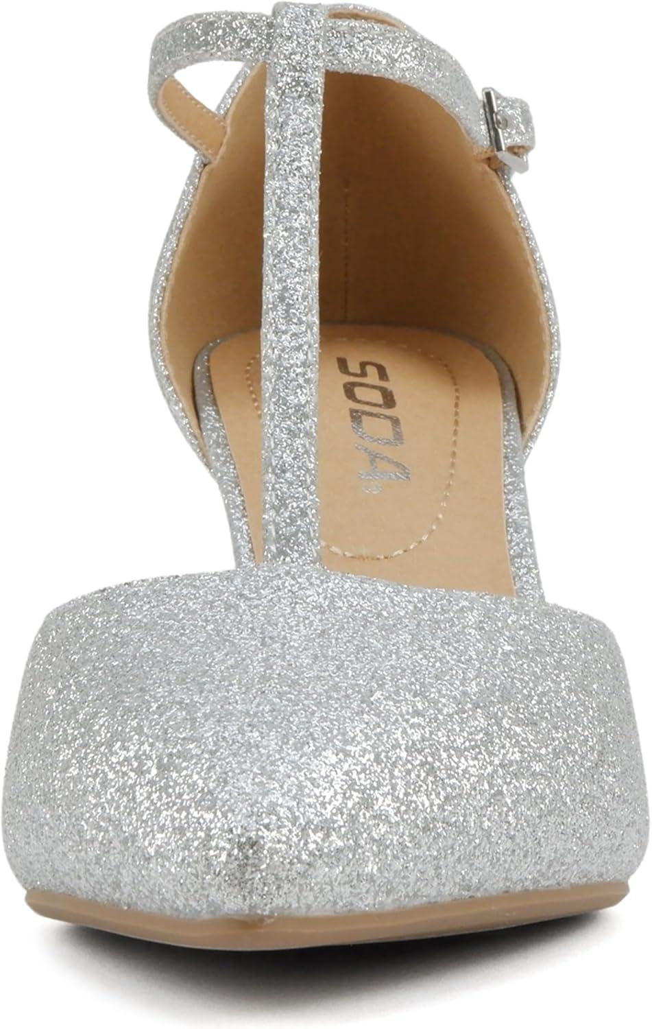imageSoda Bahia  Women Pointed Toe Closed Back Counter Stiletto Mid Heel TStrap Pump ShoeSilver Glitter