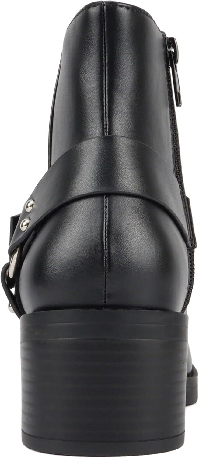 imageSoda Bonus  Women Round Toe Harness Strap Ring Hardware Low Block Heel Ankle Boot with Side ZipperBlack Pu