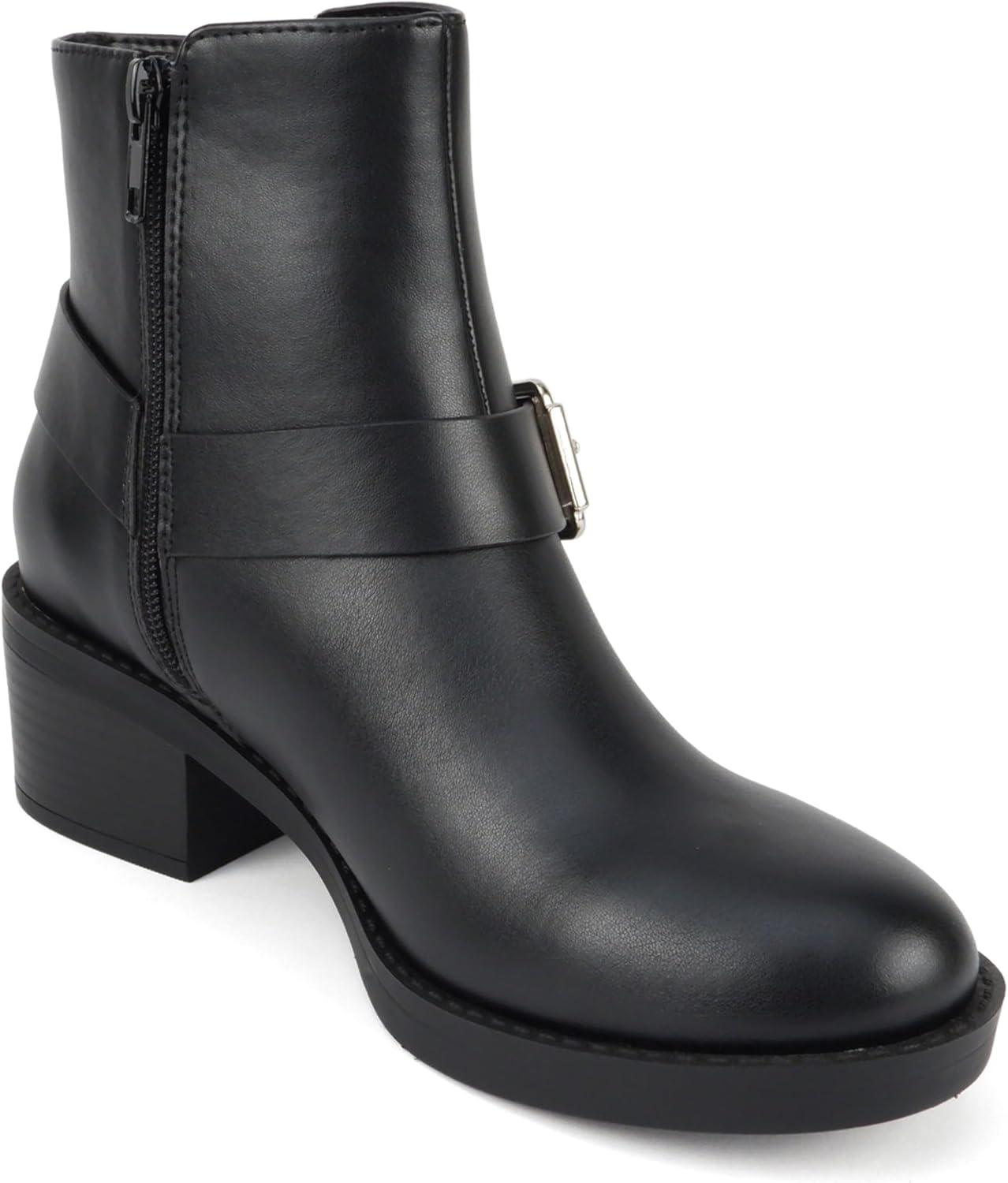 imageSoda Bonus  Women Round Toe Harness Strap Ring Hardware Low Block Heel Ankle Boot with Side ZipperBlack Pu