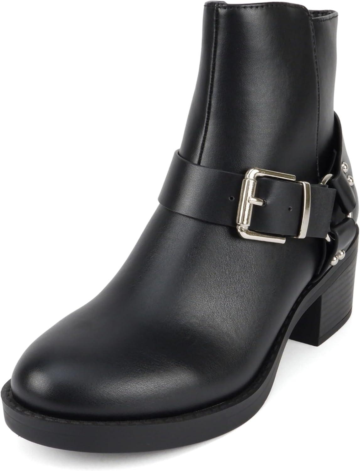 imageSoda Bonus  Women Round Toe Harness Strap Ring Hardware Low Block Heel Ankle Boot with Side ZipperBlack Pu