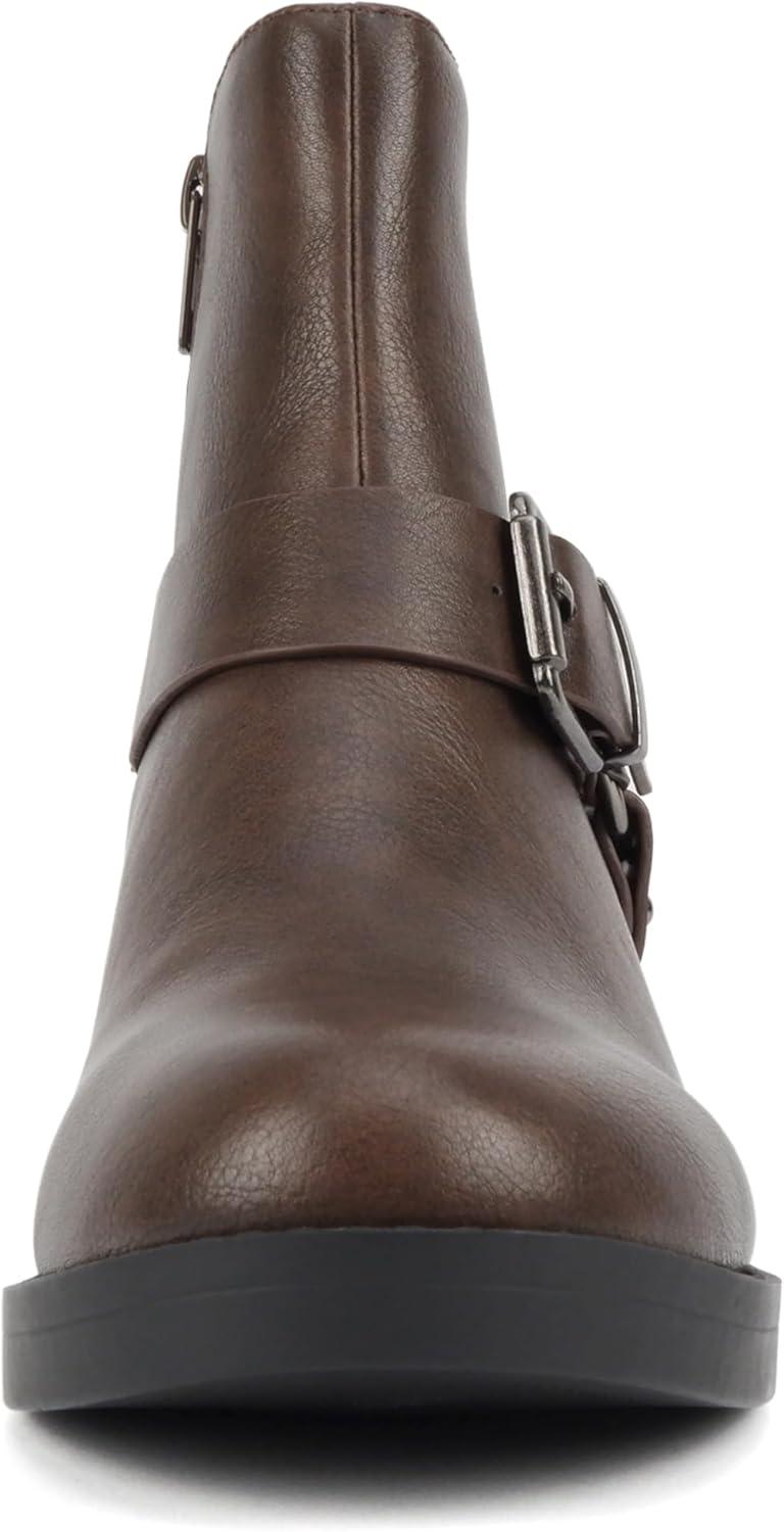 imageSoda Bonus  Women Round Toe Harness Strap Ring Hardware Low Block Heel Ankle Boot with Side ZipperBrown Pu