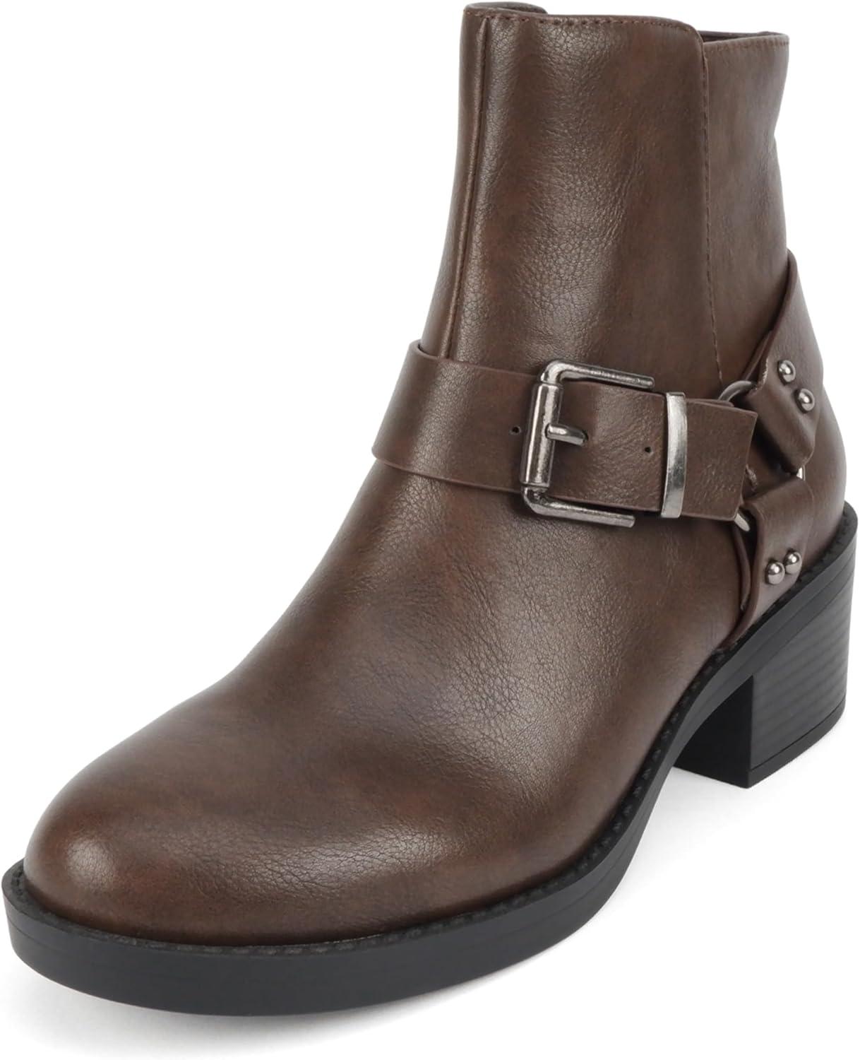 imageSoda Bonus  Women Round Toe Harness Strap Ring Hardware Low Block Heel Ankle Boot with Side ZipperBrown Pu