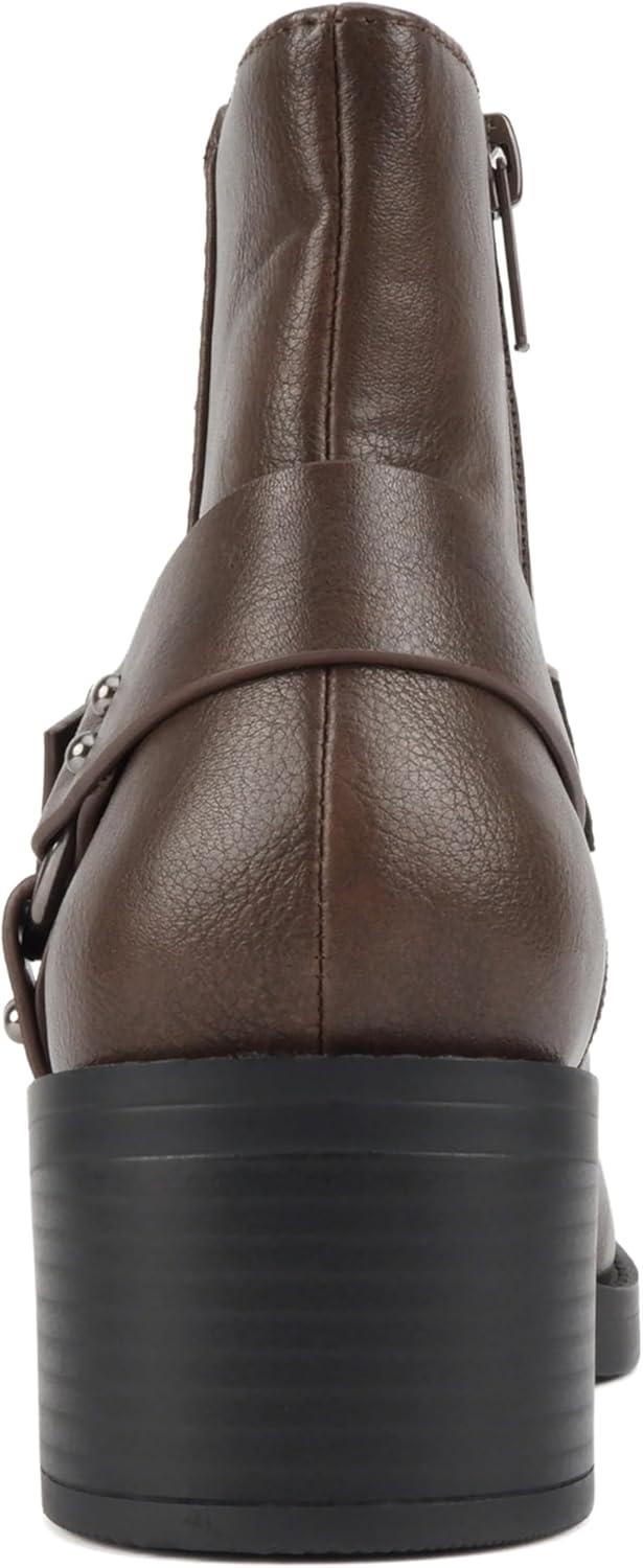 imageSoda Bonus  Women Round Toe Harness Strap Ring Hardware Low Block Heel Ankle Boot with Side ZipperBrown Pu