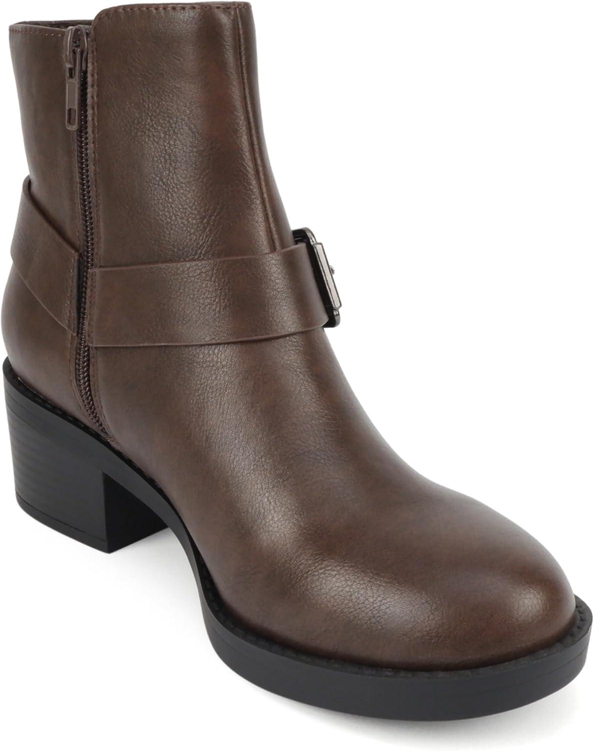 imageSoda Bonus  Women Round Toe Harness Strap Ring Hardware Low Block Heel Ankle Boot with Side ZipperBrown Pu