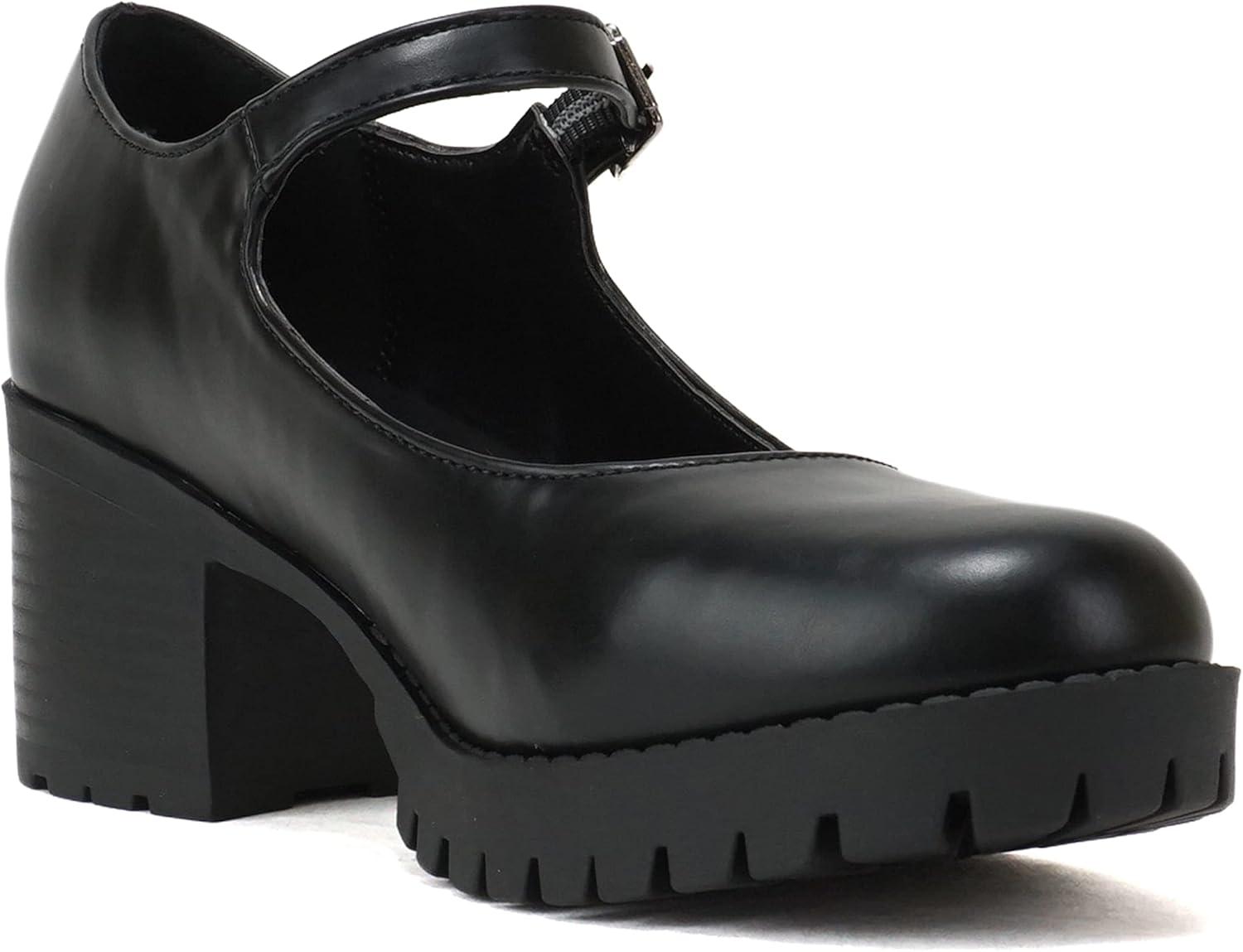imageSoda Boxer  Women Mary Jane Round Toe Chunky Block Heel Lug Sole Pump with Adjustable StrapBlack Pu