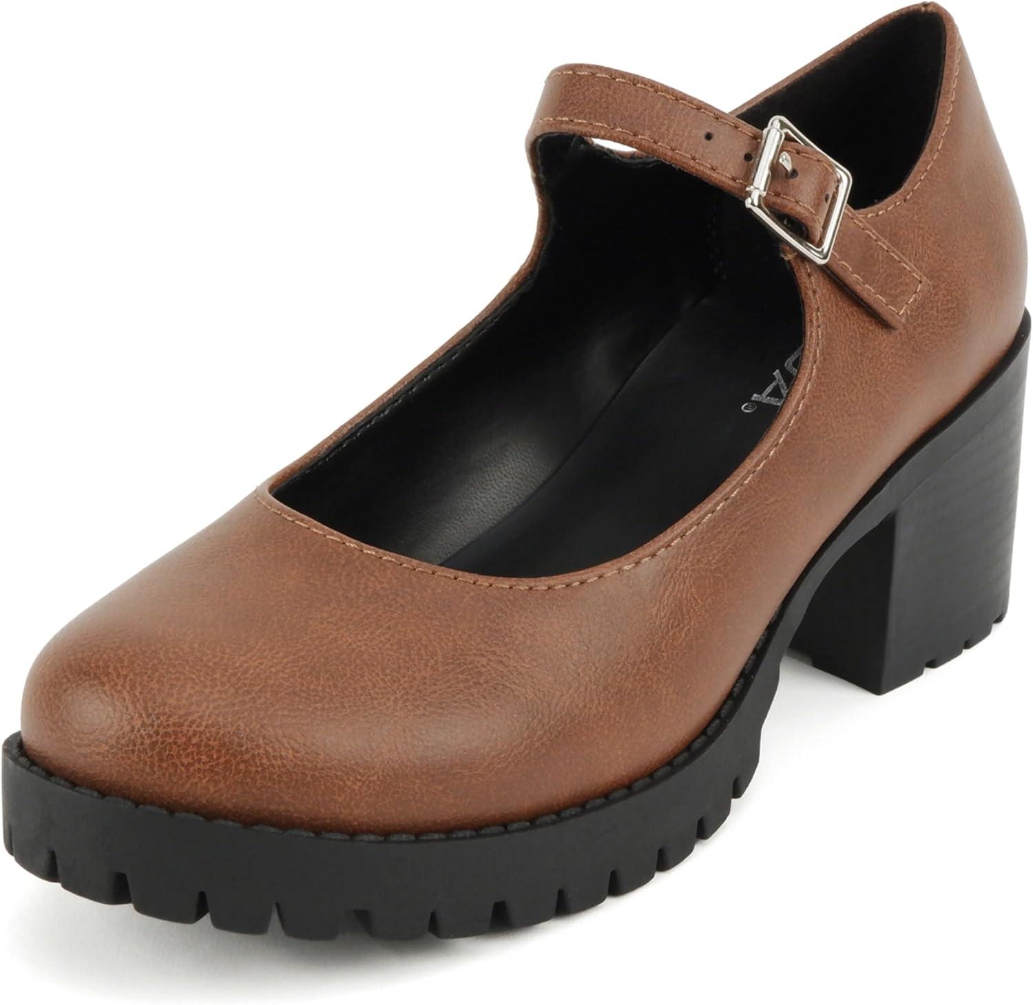 imageSoda Boxer  Women Mary Jane Round Toe Chunky Block Heel Lug Sole Pump with Adjustable StrapCognac Pu