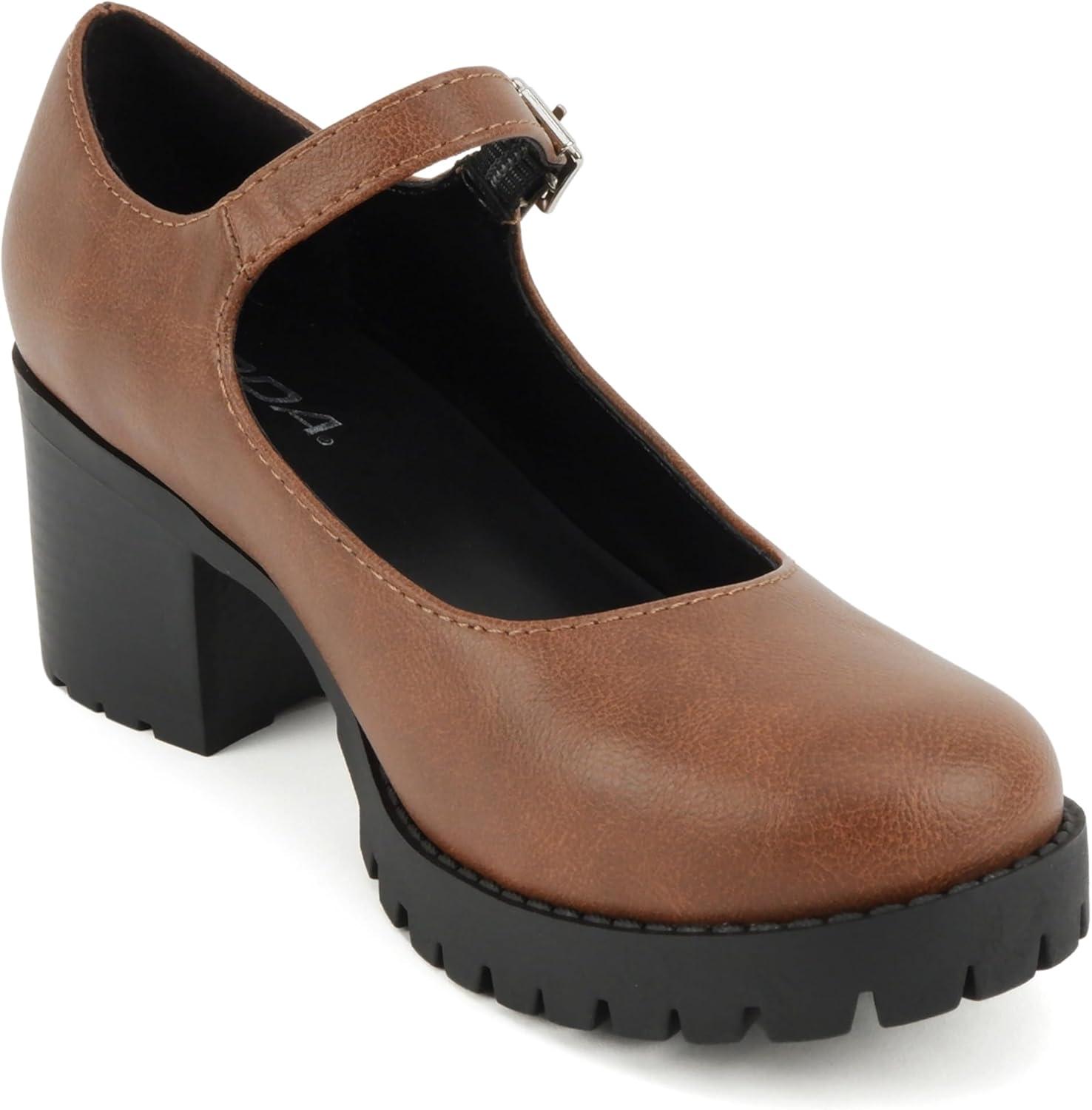 imageSoda Boxer  Women Mary Jane Round Toe Chunky Block Heel Lug Sole Pump with Adjustable StrapCognac Pu