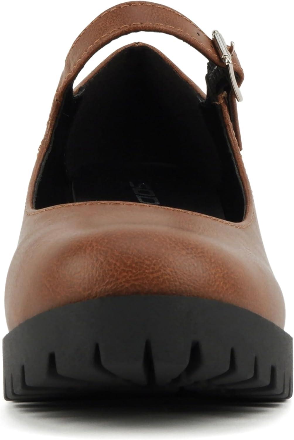 imageSoda Boxer  Women Mary Jane Round Toe Chunky Block Heel Lug Sole Pump with Adjustable StrapCognac Pu