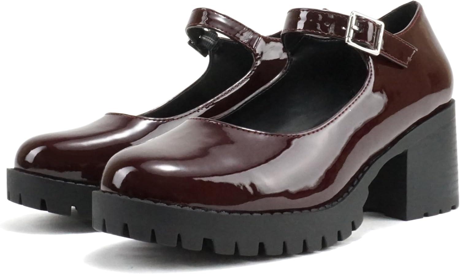 imageSoda Boxer  Women Mary Jane Round Toe Chunky Block Heel Lug Sole Pump with Adjustable StrapDark Burgundy Patent