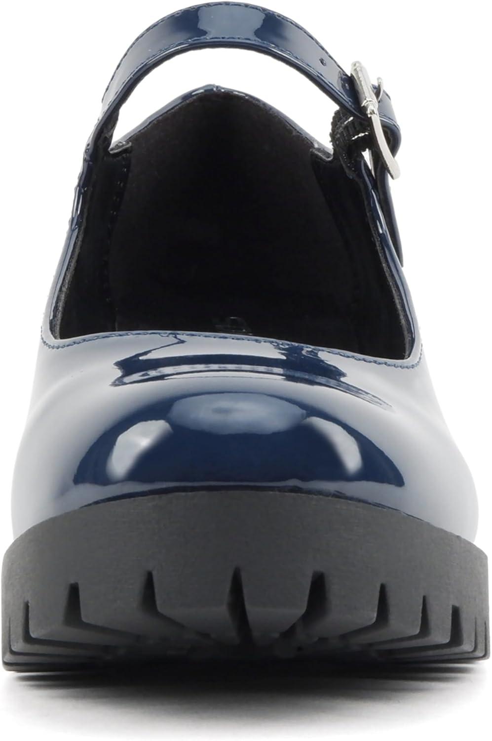 imageSoda Boxer  Women Mary Jane Round Toe Chunky Block Heel Lug Sole Pump with Adjustable StrapNavy Patent
