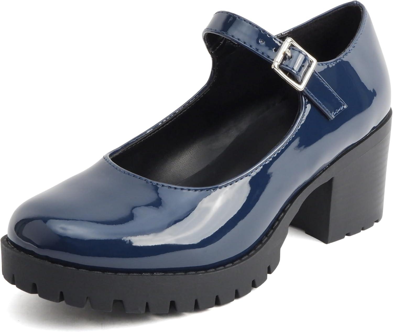 imageSoda Boxer  Women Mary Jane Round Toe Chunky Block Heel Lug Sole Pump with Adjustable StrapNavy Patent