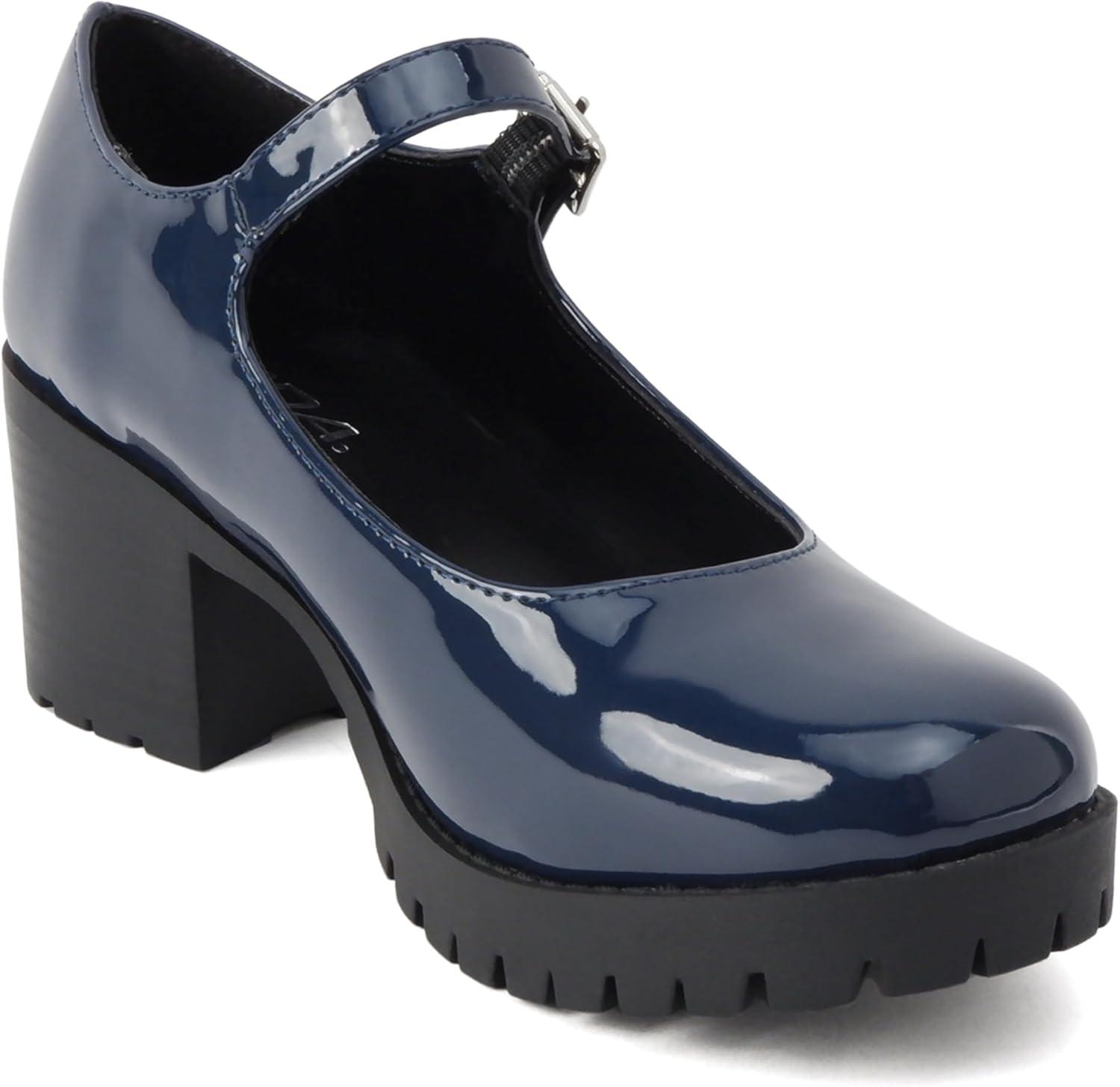 imageSoda Boxer  Women Mary Jane Round Toe Chunky Block Heel Lug Sole Pump with Adjustable StrapNavy Patent