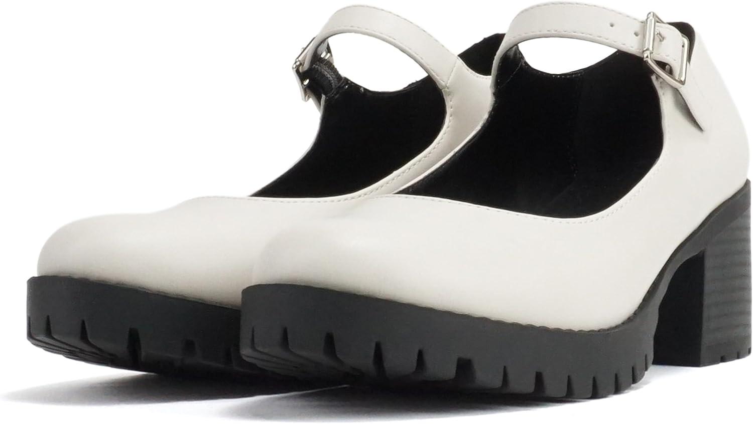 imageSoda Boxer  Women Mary Jane Round Toe Chunky Block Heel Lug Sole Pump with Adjustable StrapOff White Pu