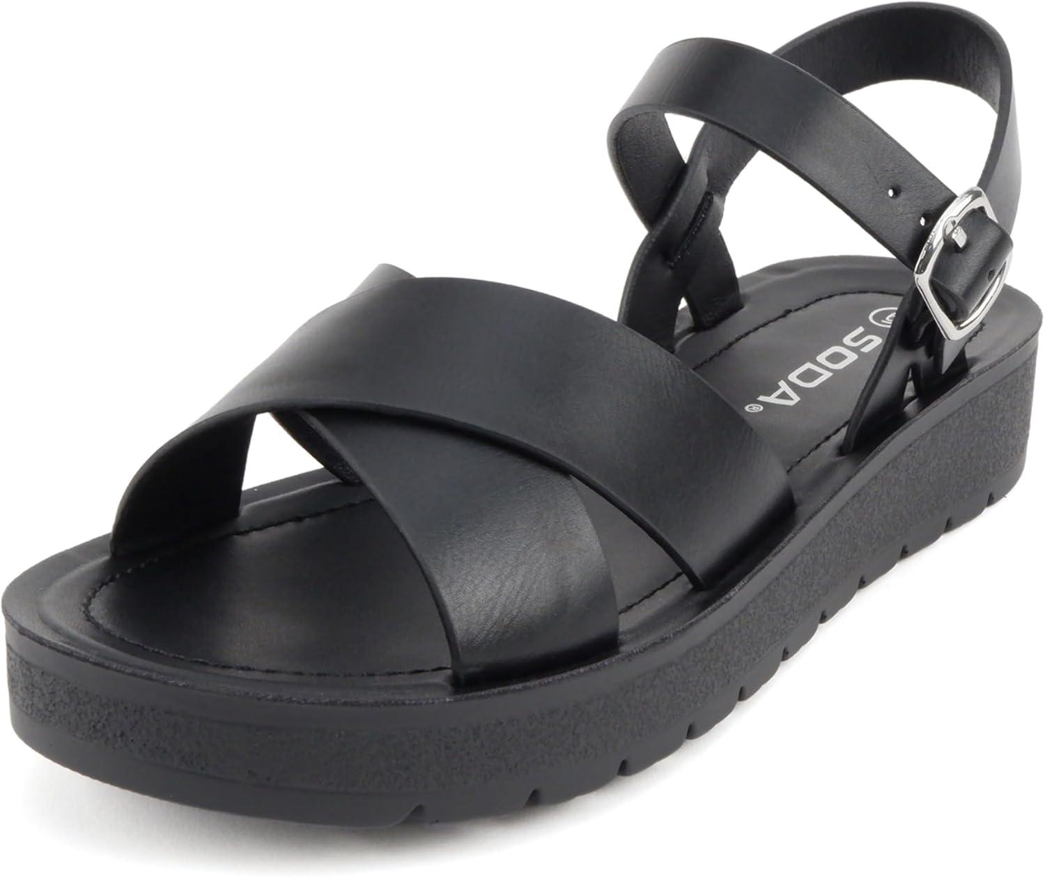 imageSoda CHESTER  Women Flat Sandals Flatform Ankle Buckle Criss Cross Band Straps Sandals ShoesAll Black Pu