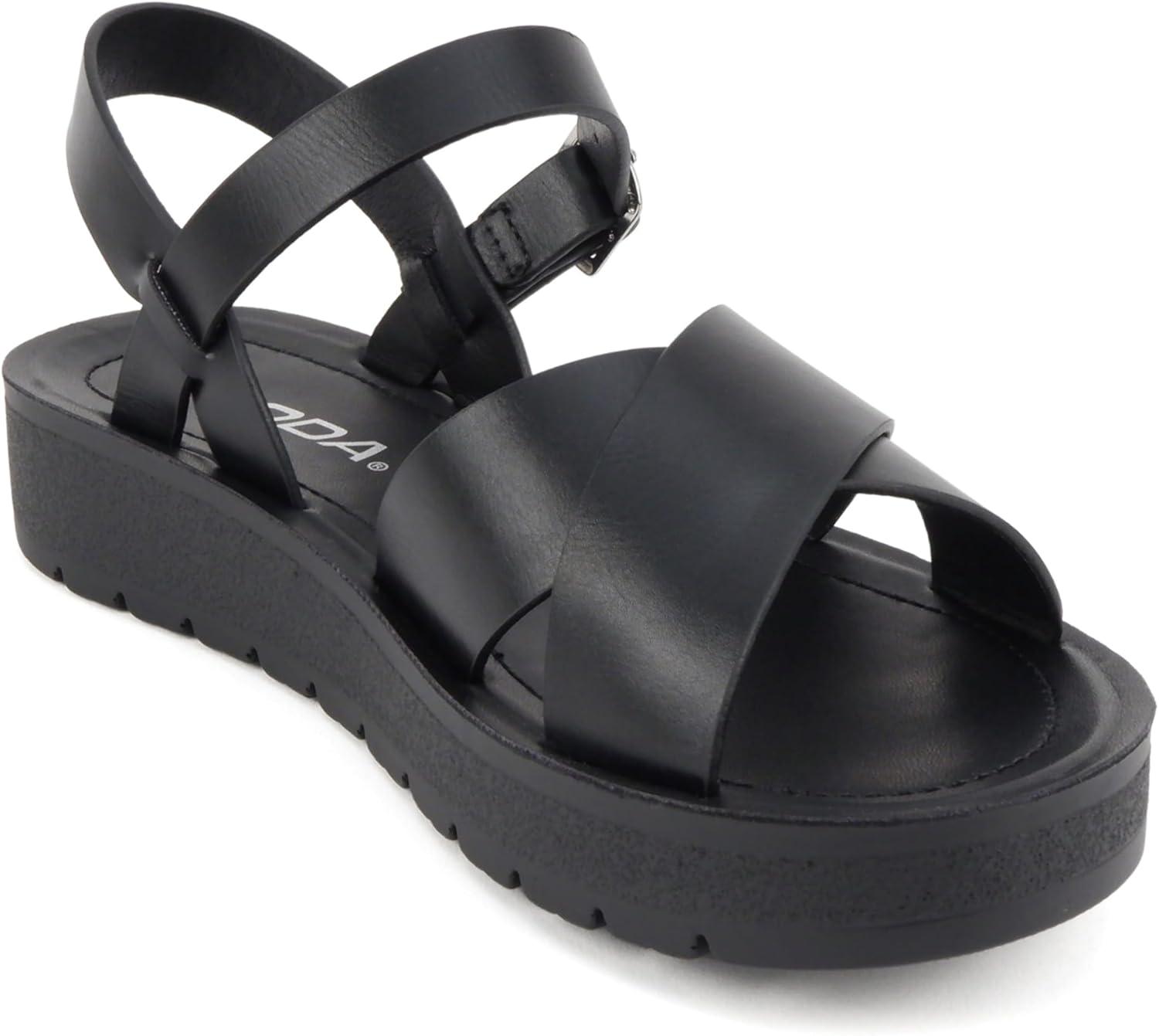 imageSoda CHESTER  Women Flat Sandals Flatform Ankle Buckle Criss Cross Band Straps Sandals ShoesAll Black Pu