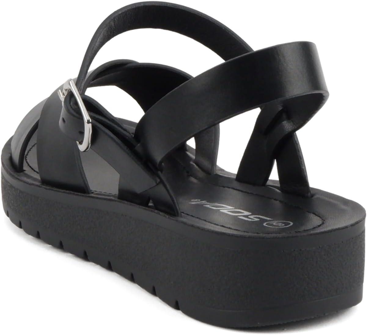 imageSoda CHESTER  Women Flat Sandals Flatform Ankle Buckle Criss Cross Band Straps Sandals ShoesAll Black Pu