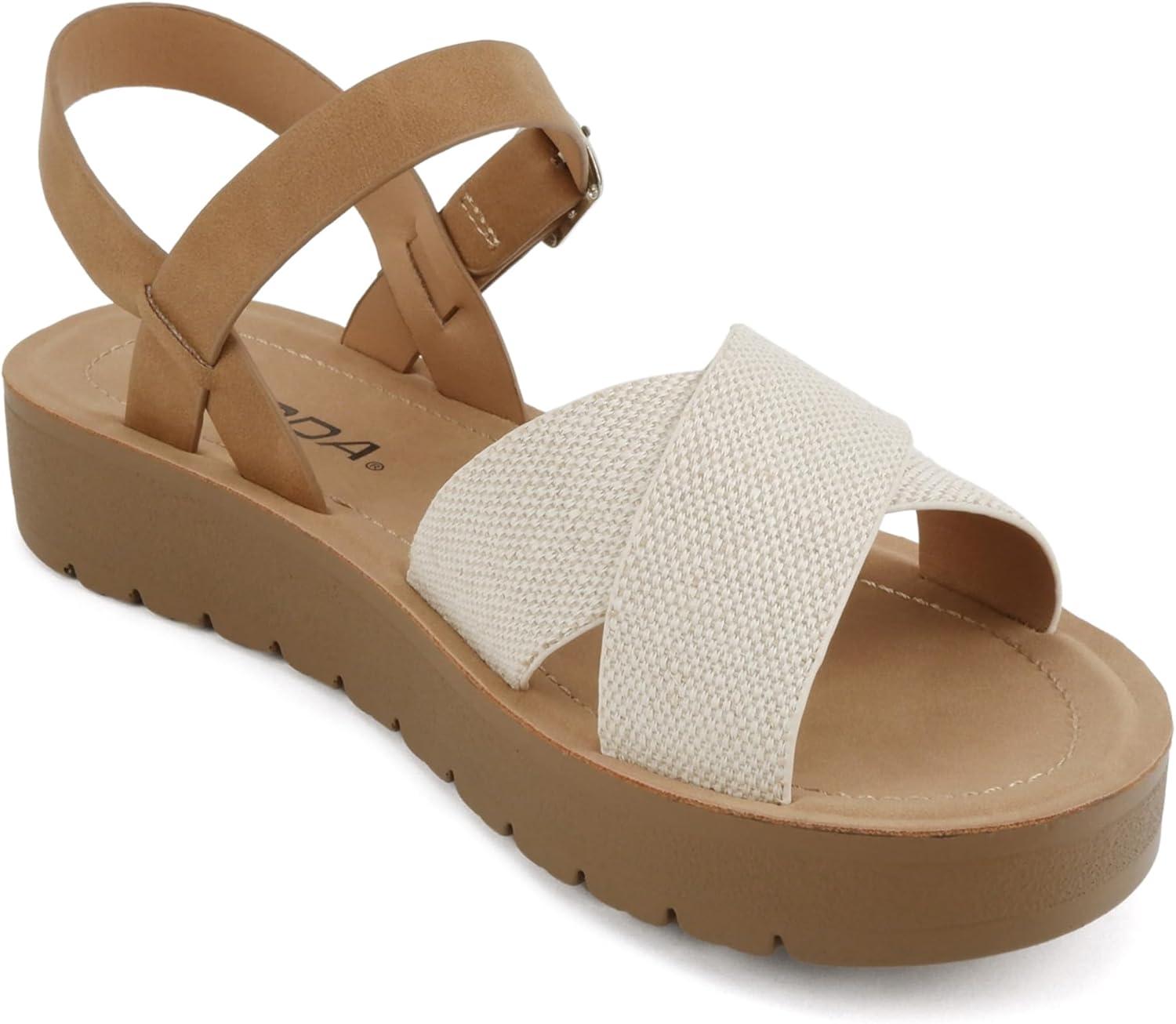 imageSoda CHESTER  Women Flat Sandals Flatform Ankle Buckle Criss Cross Band Straps Sandals ShoesBeige CanvasTan