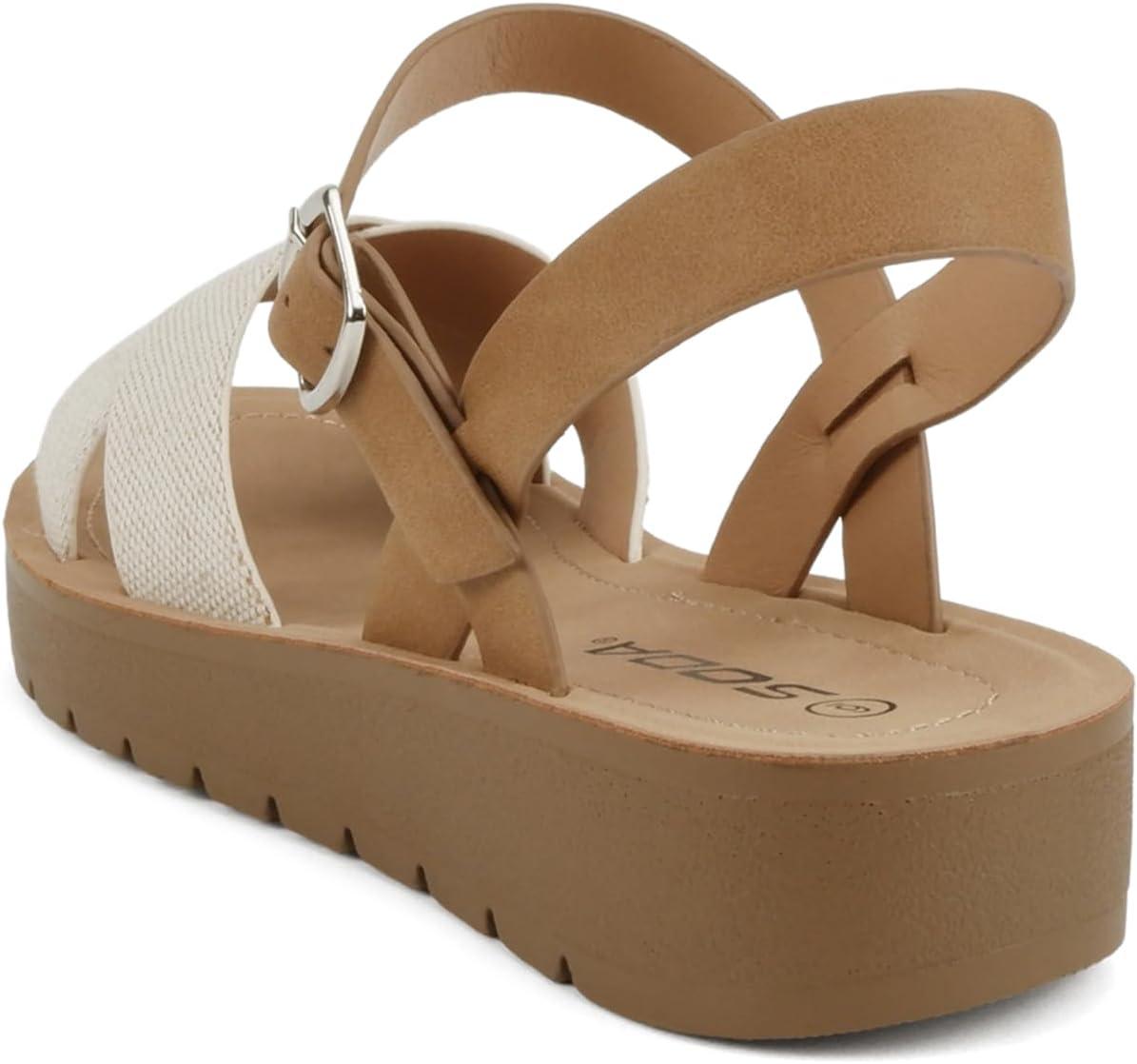 imageSoda CHESTER  Women Flat Sandals Flatform Ankle Buckle Criss Cross Band Straps Sandals ShoesBeige CanvasTan