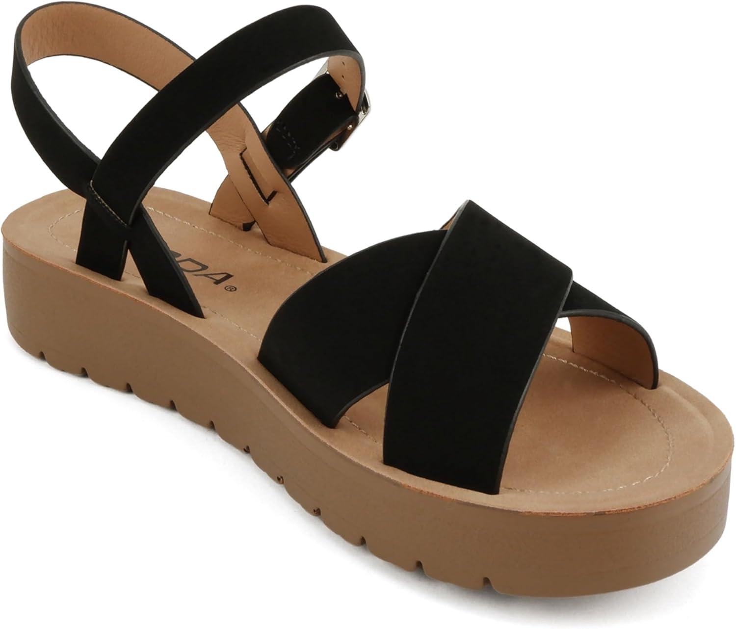 imageSoda CHESTER  Women Flat Sandals Flatform Ankle Buckle Criss Cross Band Straps Sandals ShoesBlack