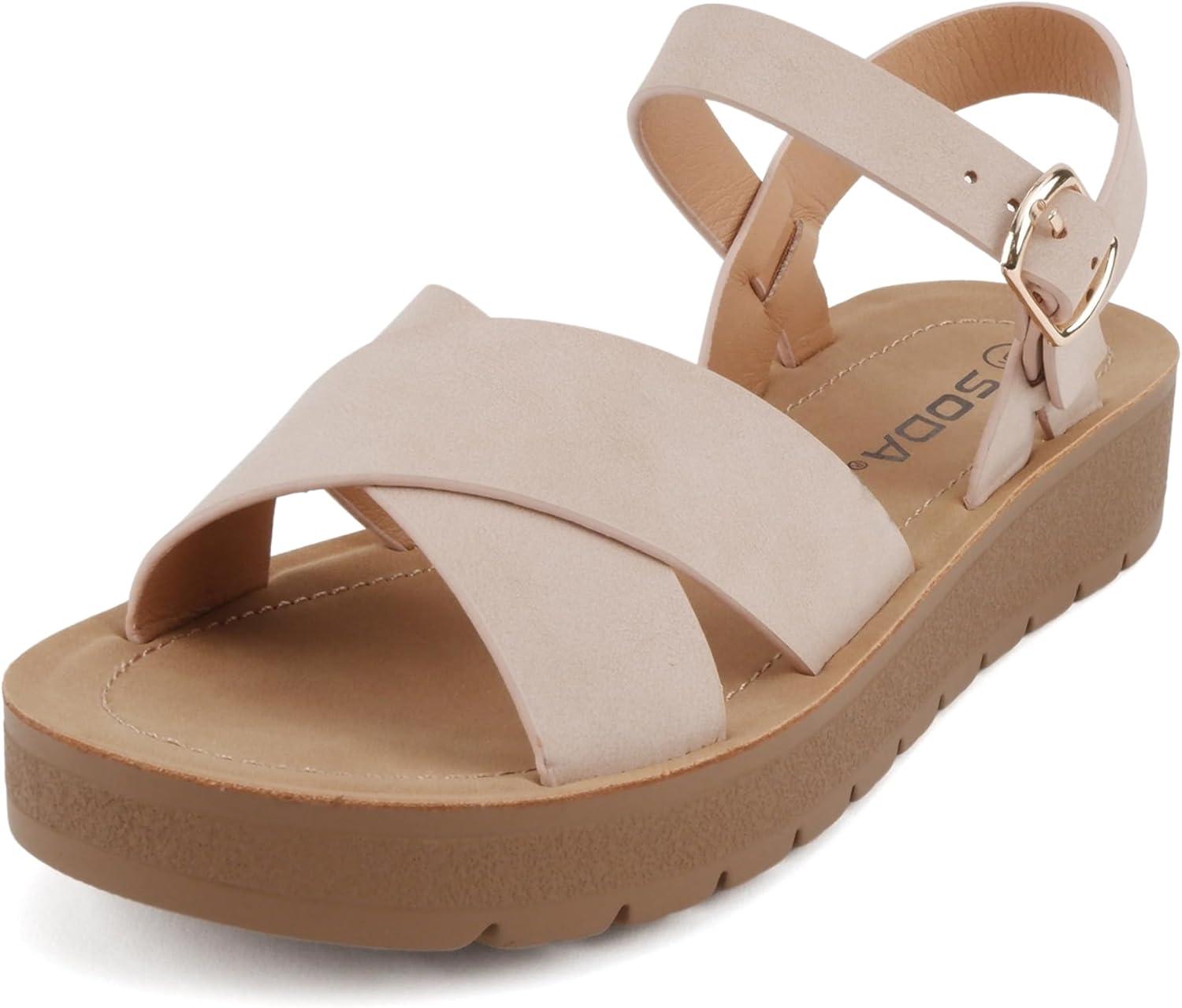 imageSoda CHESTER  Women Flat Sandals Flatform Ankle Buckle Criss Cross Band Straps Sandals ShoesBlush Nubuck