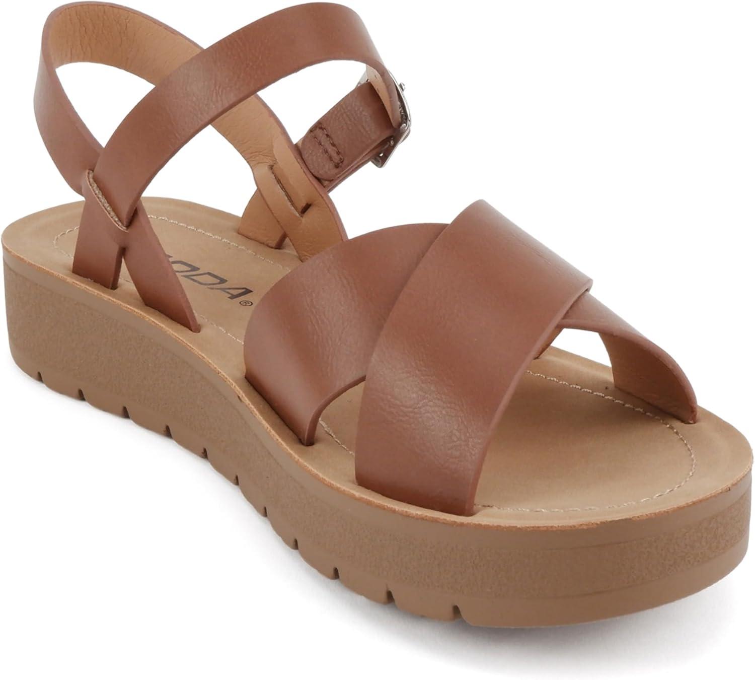 imageSoda CHESTER  Women Flat Sandals Flatform Ankle Buckle Criss Cross Band Straps Sandals ShoesCognac Pu