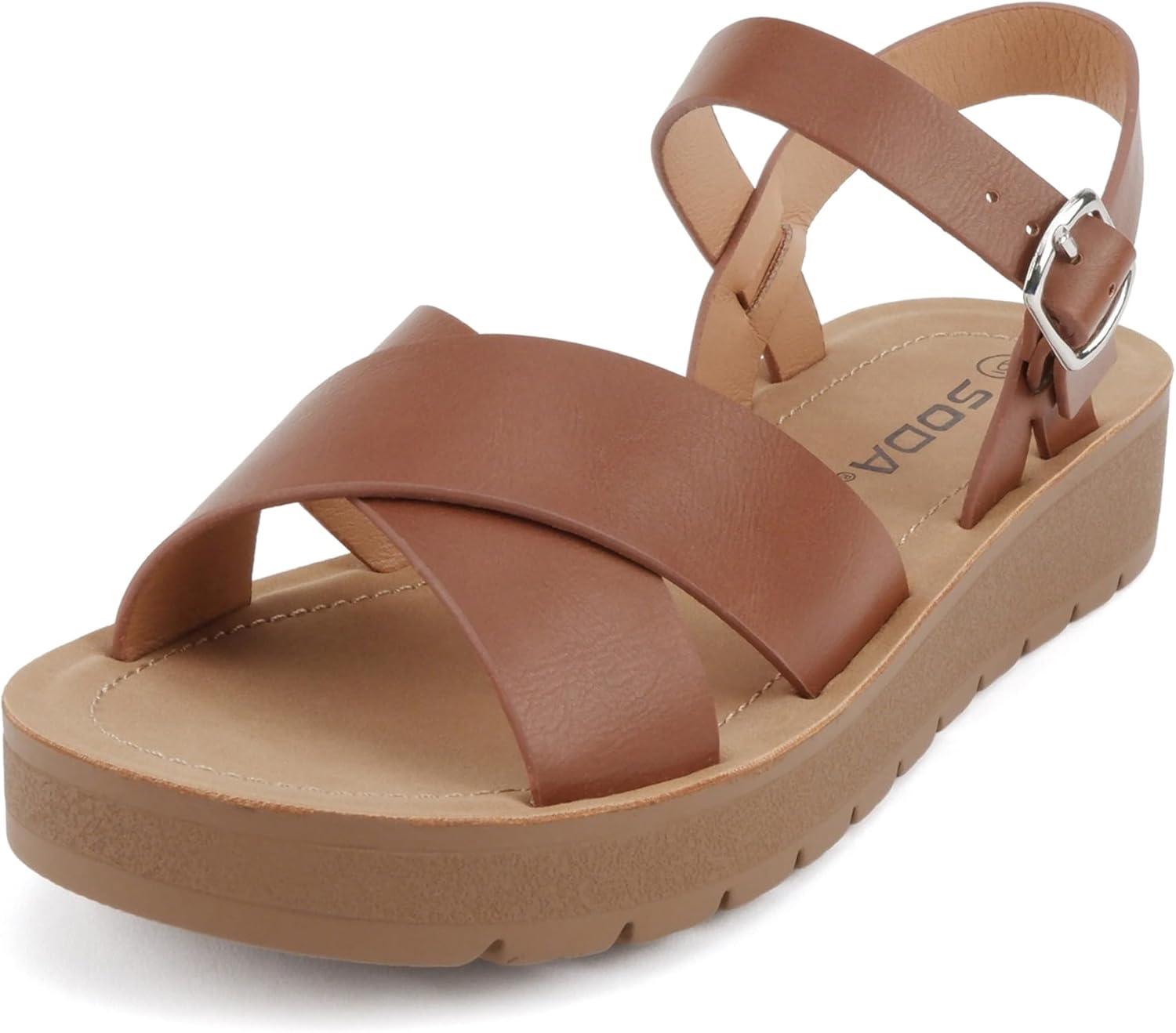 imageSoda CHESTER  Women Flat Sandals Flatform Ankle Buckle Criss Cross Band Straps Sandals ShoesCognac Pu