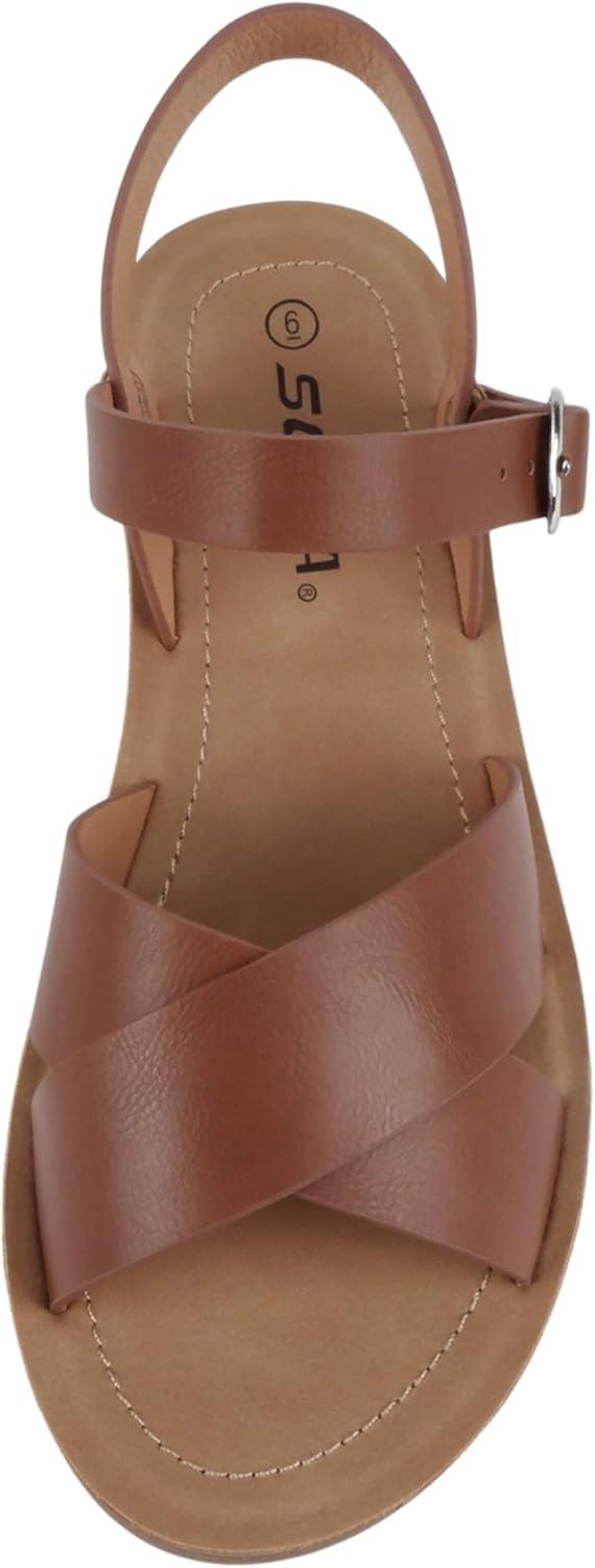 imageSoda CHESTER  Women Flat Sandals Flatform Ankle Buckle Criss Cross Band Straps Sandals ShoesCognac Pu