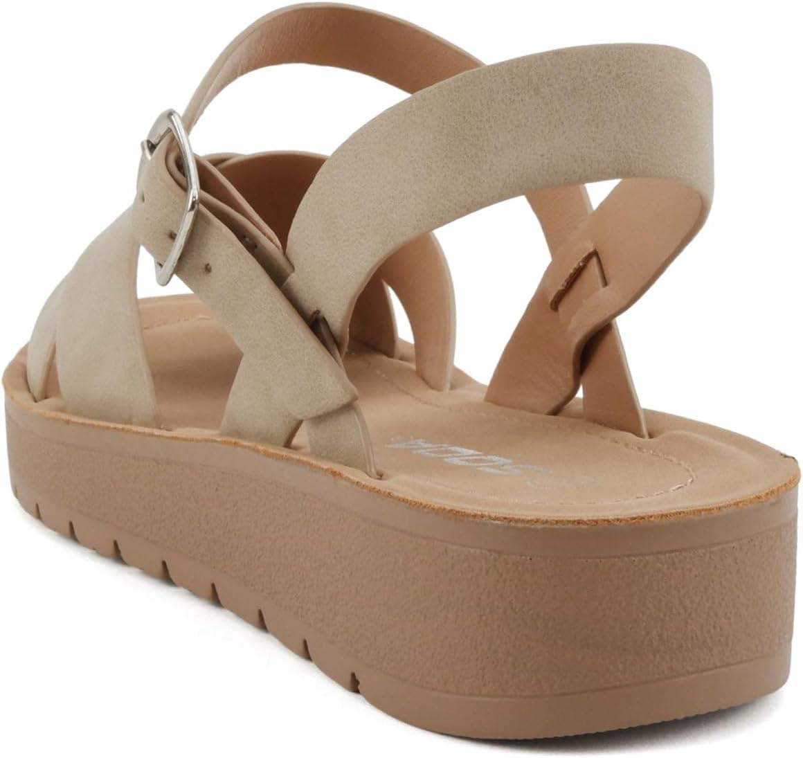 imageSoda CHESTER  Women Flat Sandals Flatform Ankle Buckle Criss Cross Band Straps Sandals ShoesDark Natural