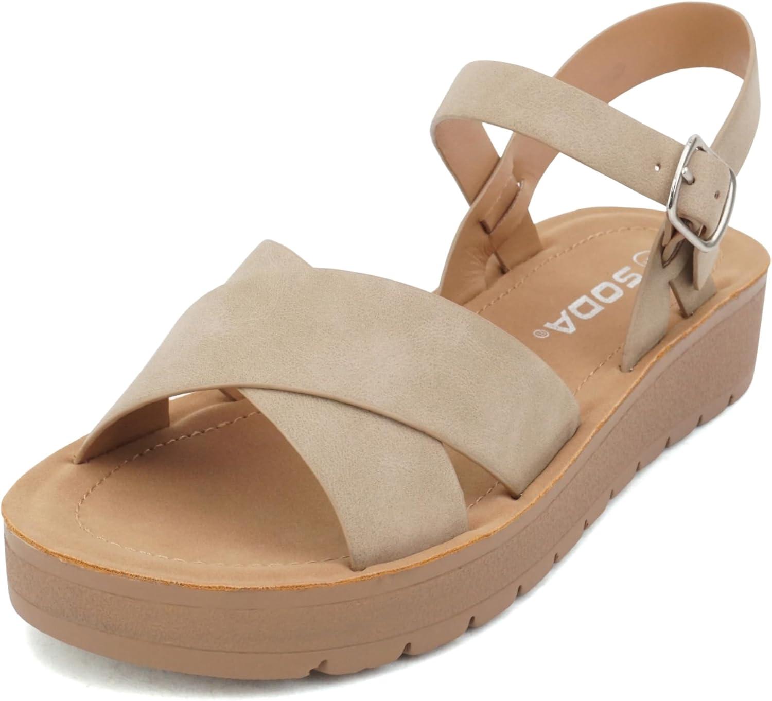 imageSoda CHESTER  Women Flat Sandals Flatform Ankle Buckle Criss Cross Band Straps Sandals ShoesDark Natural