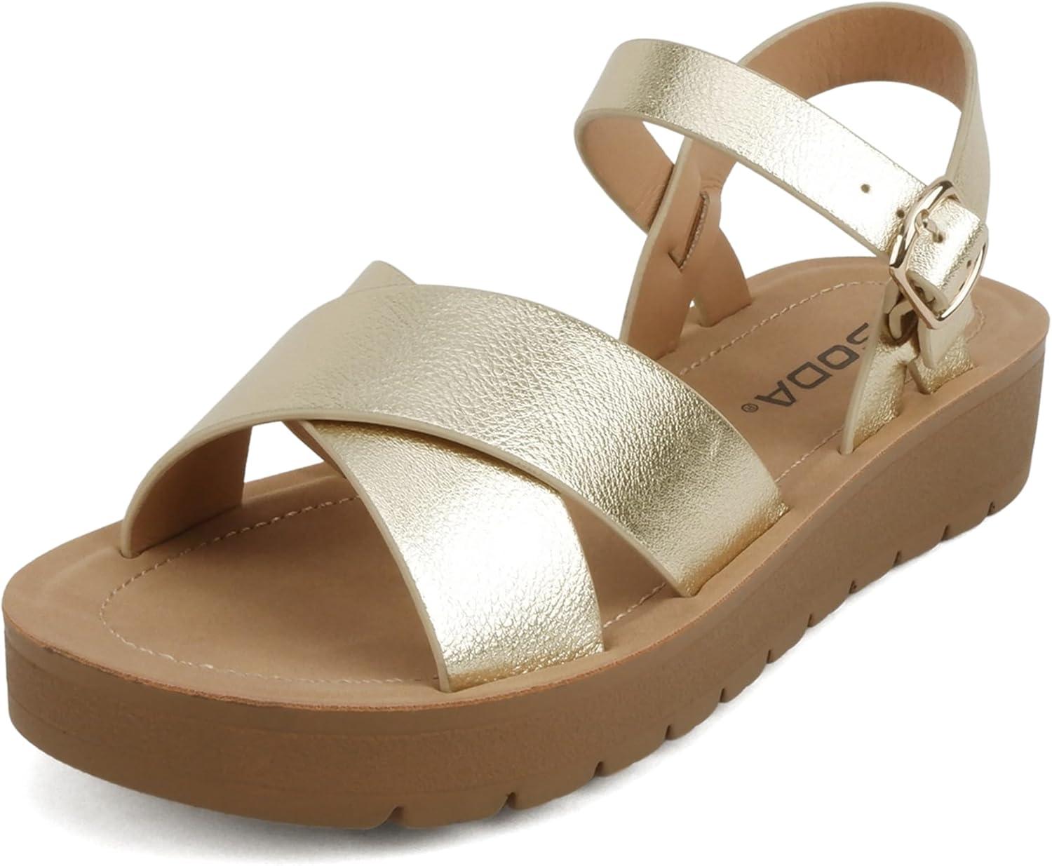 imageSoda CHESTER  Women Flat Sandals Flatform Ankle Buckle Criss Cross Band Straps Sandals ShoesGold