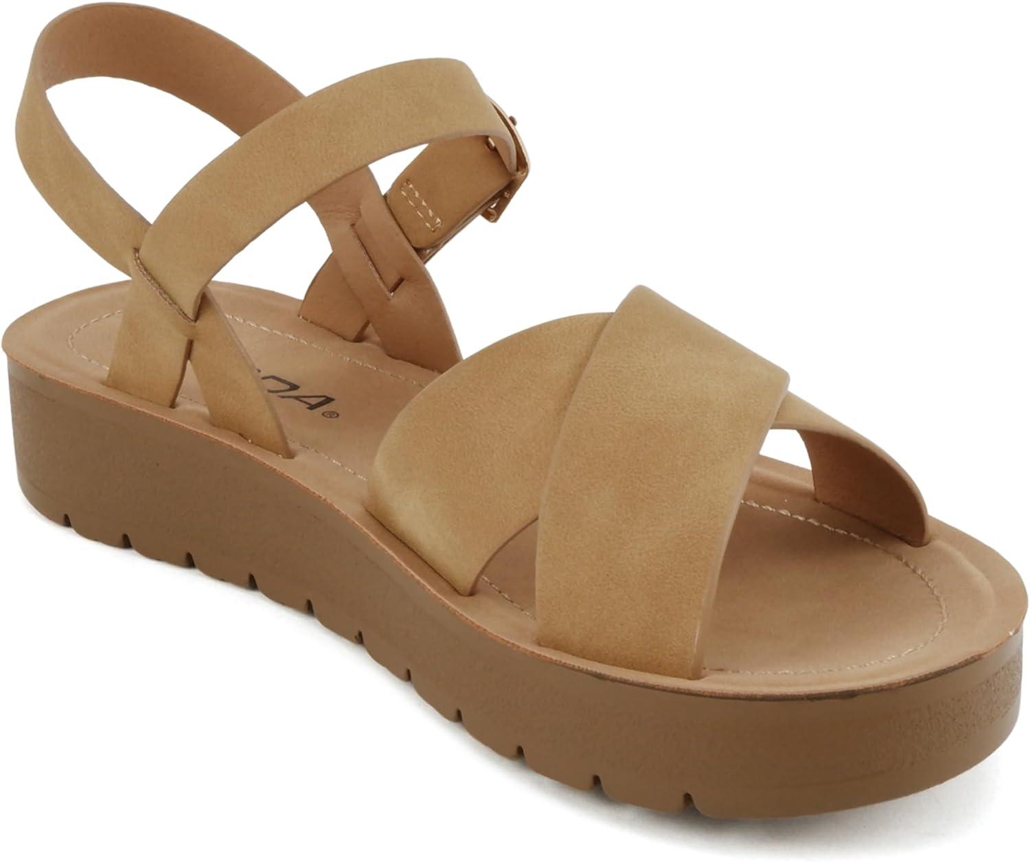 imageSoda CHESTER  Women Flat Sandals Flatform Ankle Buckle Criss Cross Band Straps Sandals ShoesNatural