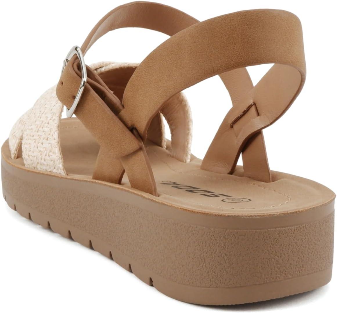 imageSoda CHESTER  Women Flat Sandals Flatform Ankle Buckle Criss Cross Band Straps Sandals ShoesNude RaffiaTan