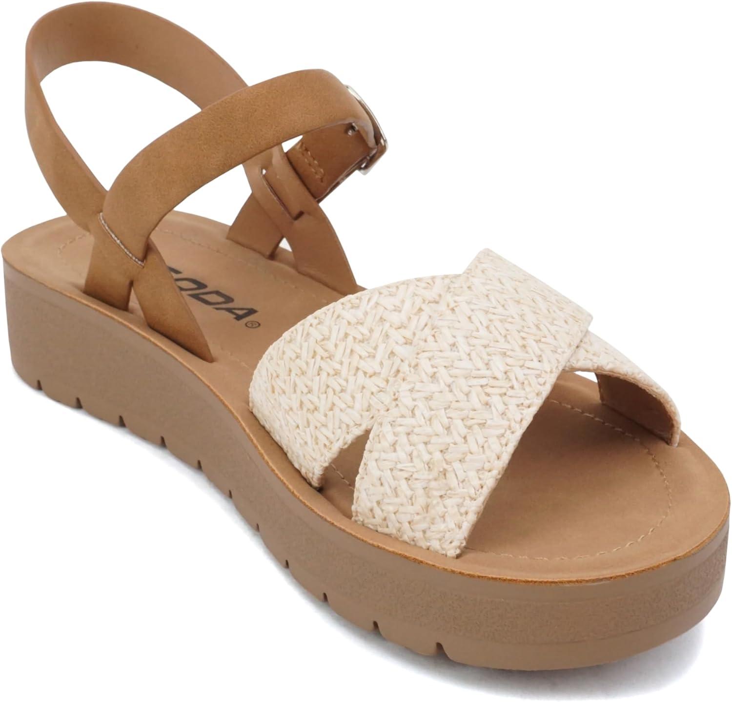 imageSoda CHESTER  Women Flat Sandals Flatform Ankle Buckle Criss Cross Band Straps Sandals ShoesNude RaffiaTan