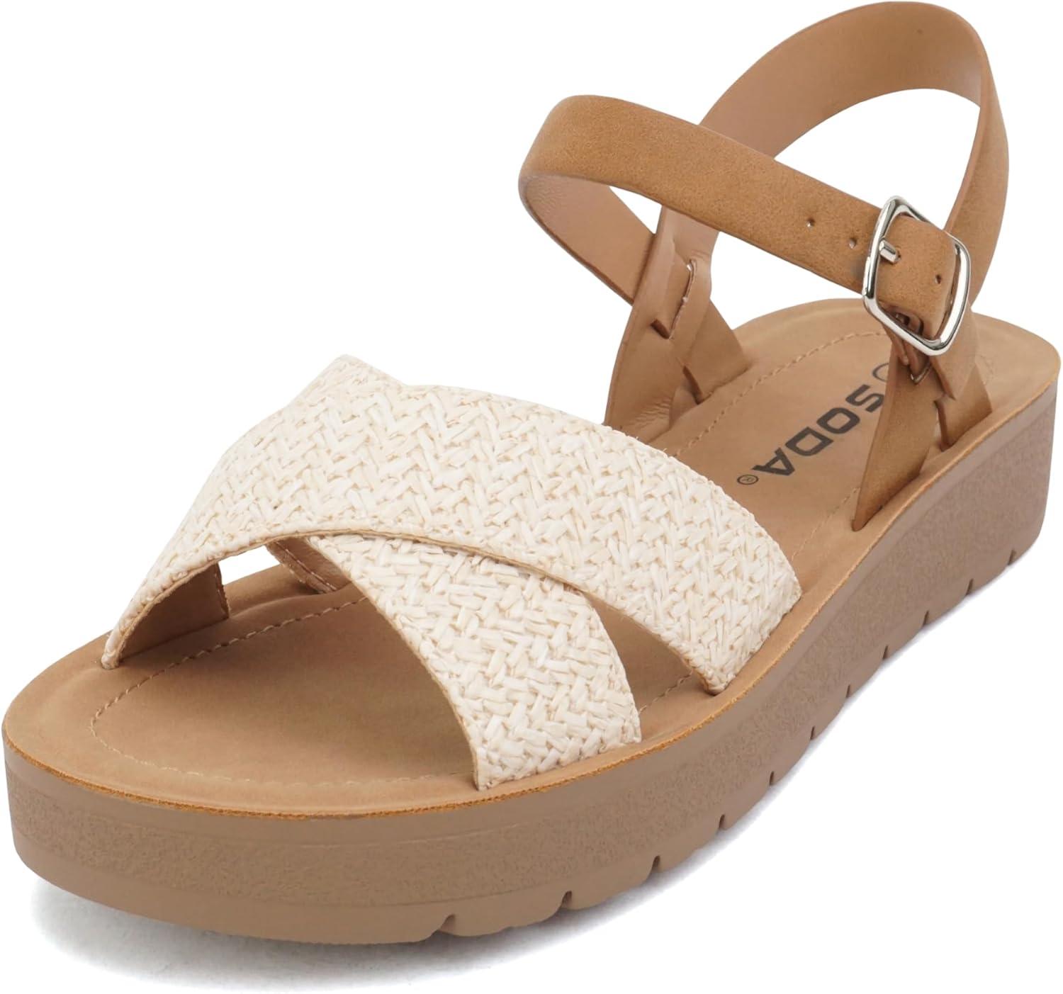 imageSoda CHESTER  Women Flat Sandals Flatform Ankle Buckle Criss Cross Band Straps Sandals ShoesNude RaffiaTan