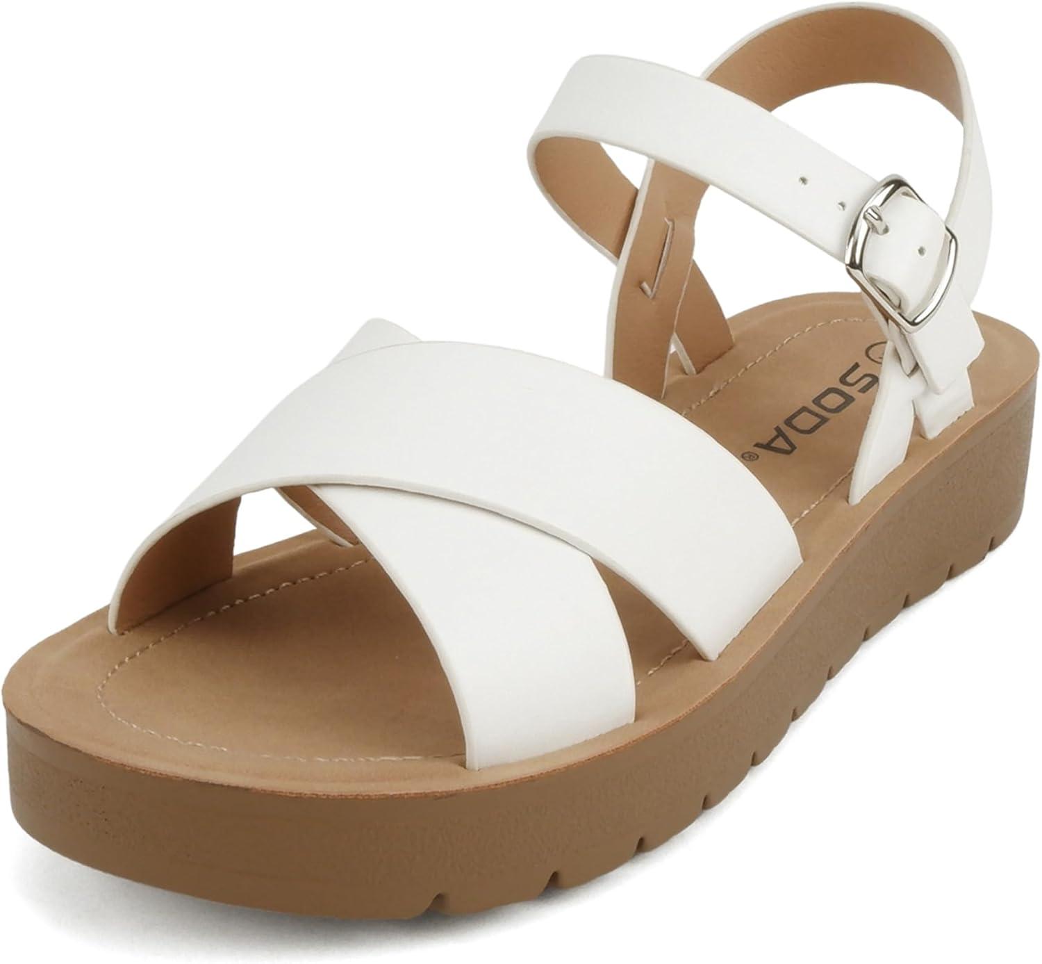 imageSoda CHESTER  Women Flat Sandals Flatform Ankle Buckle Criss Cross Band Straps Sandals ShoesWhite