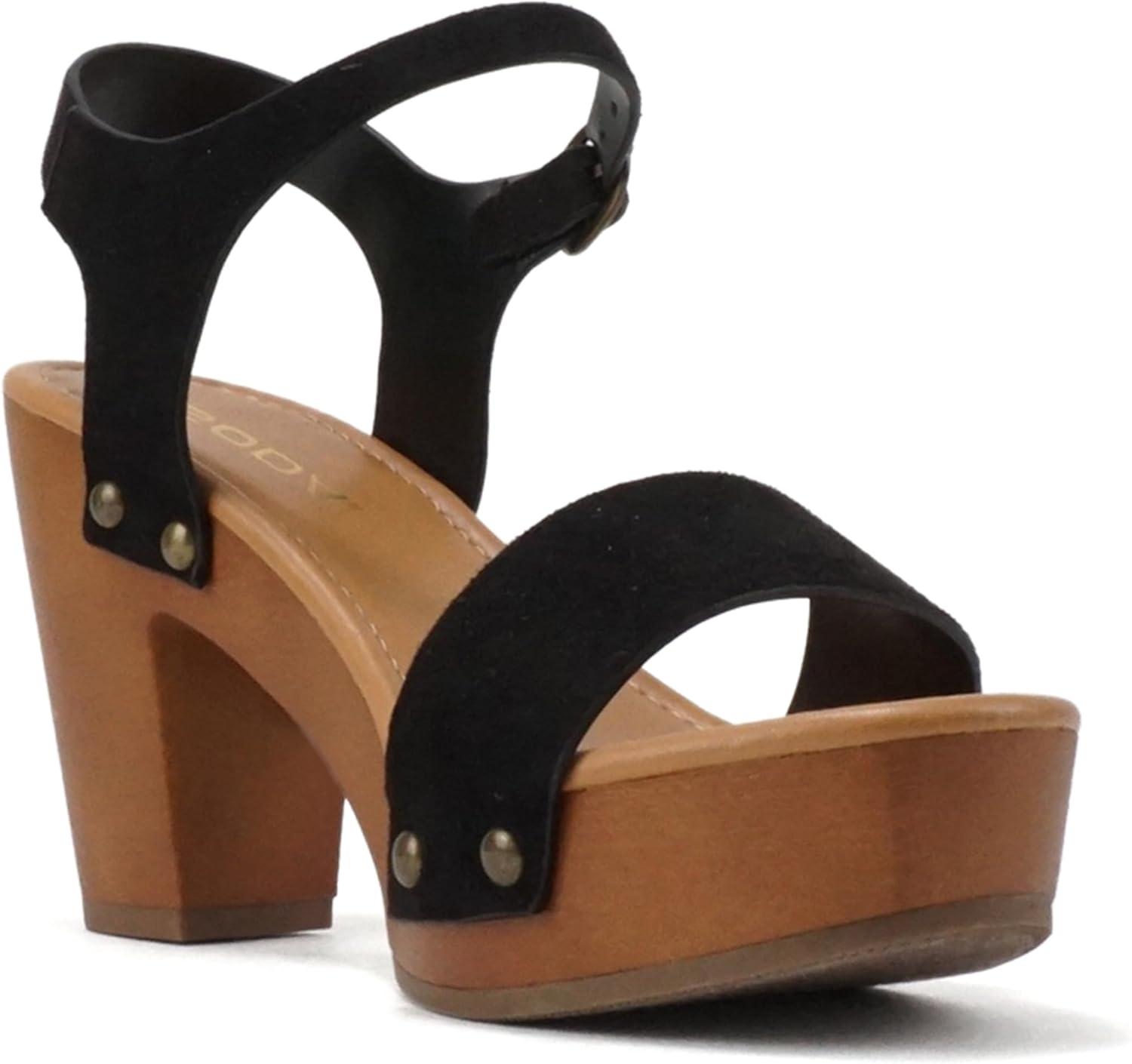 imageSoda CHIVAS  Womens Bold Buckles Studded Wedge SandalBlack Suede