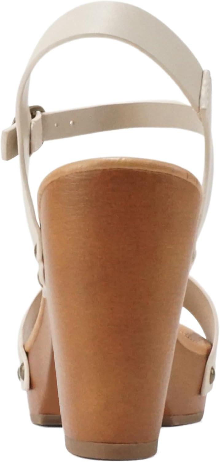 imageSoda CHIVAS  Womens Bold Buckles Studded Wedge SandalDark Nude Pu