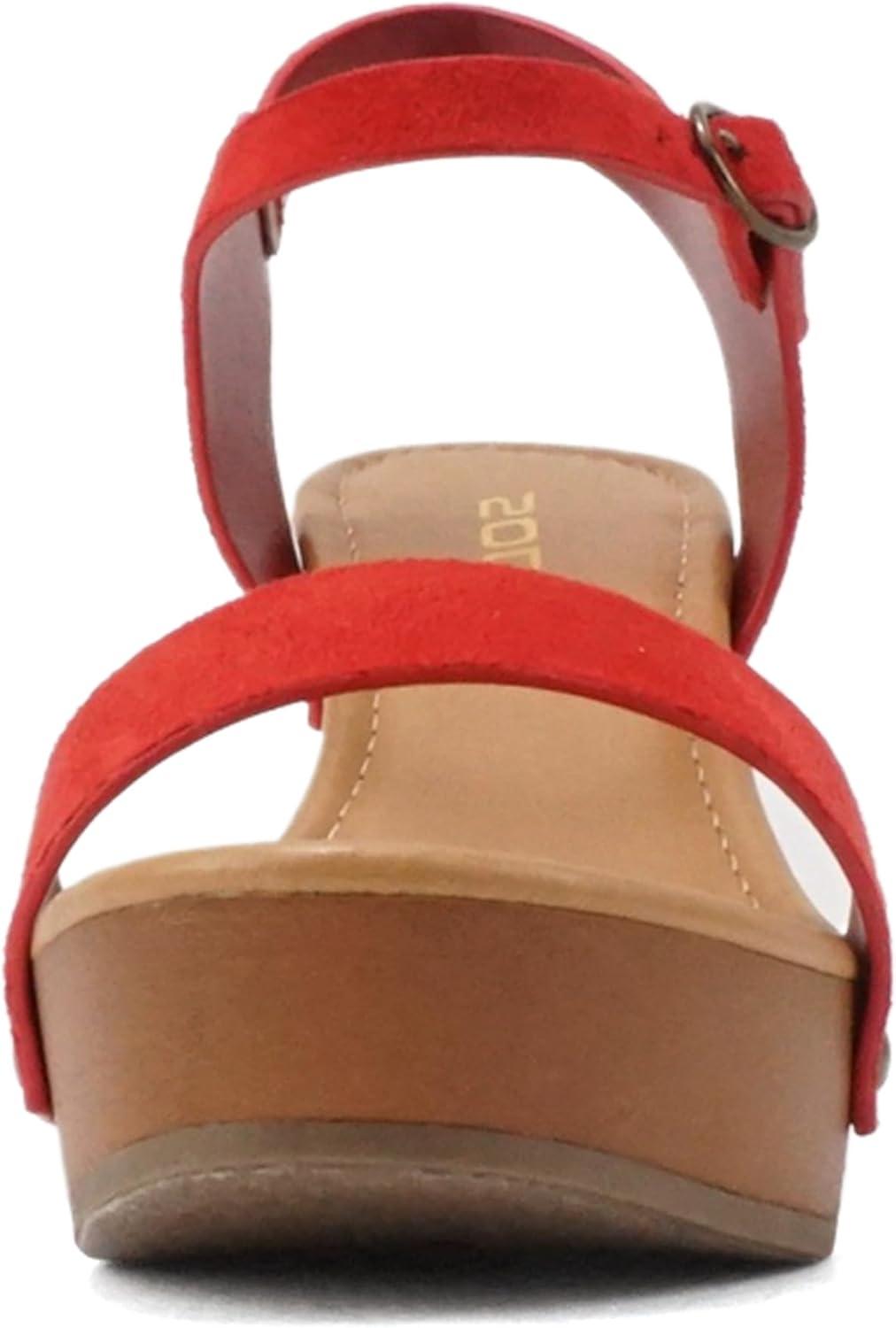 imageSoda CHIVAS  Womens Bold Buckles Studded Wedge SandalFire Red Suede